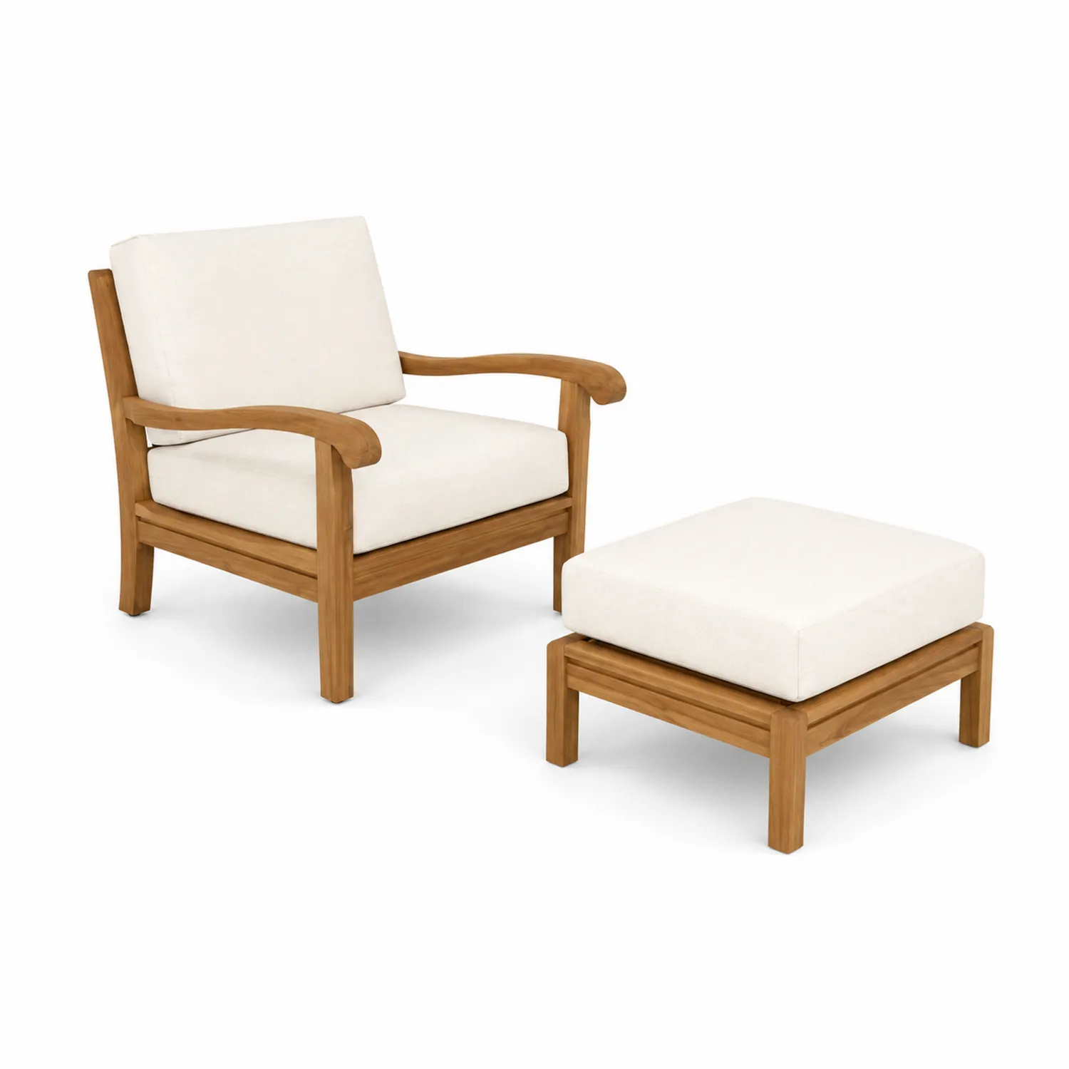 Ensemble Fauteuil et Repose-pieds en Teck avec Coussins en Polyester Crème