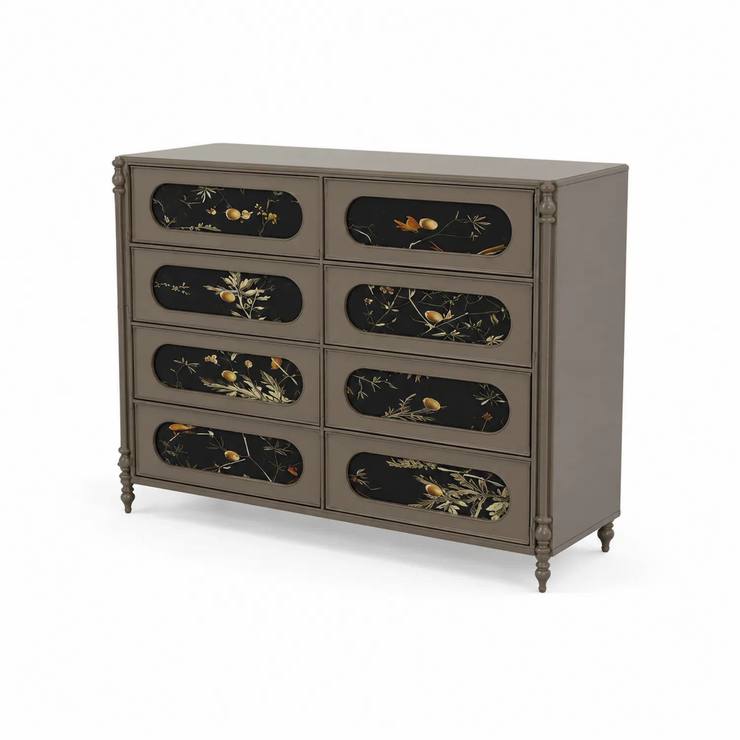 Commode en métal gris avec motif floral, 8 tiroirs