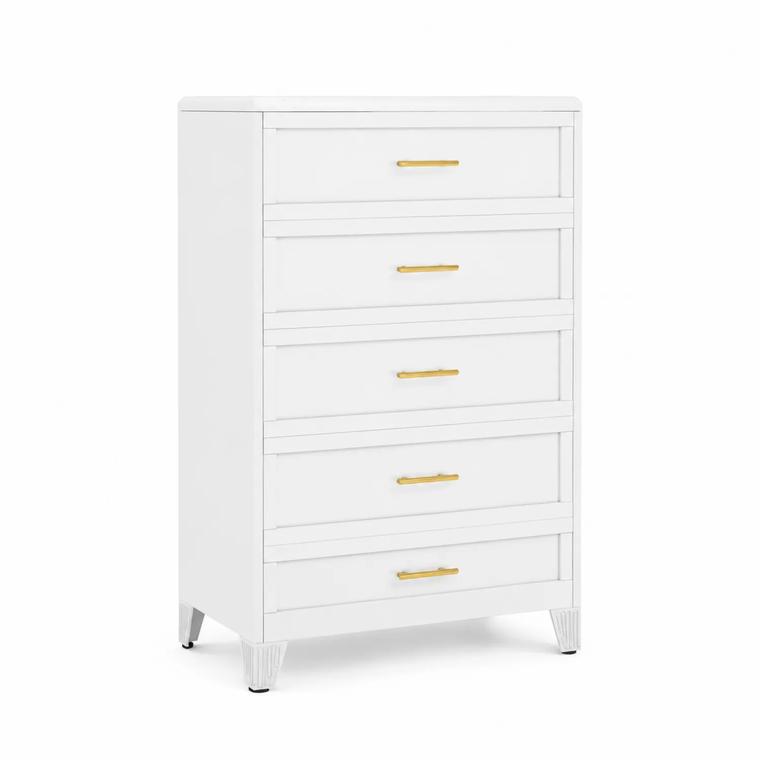 Commode Haute 5 Tiroirs Bois MDF Poignées Métal Blanc