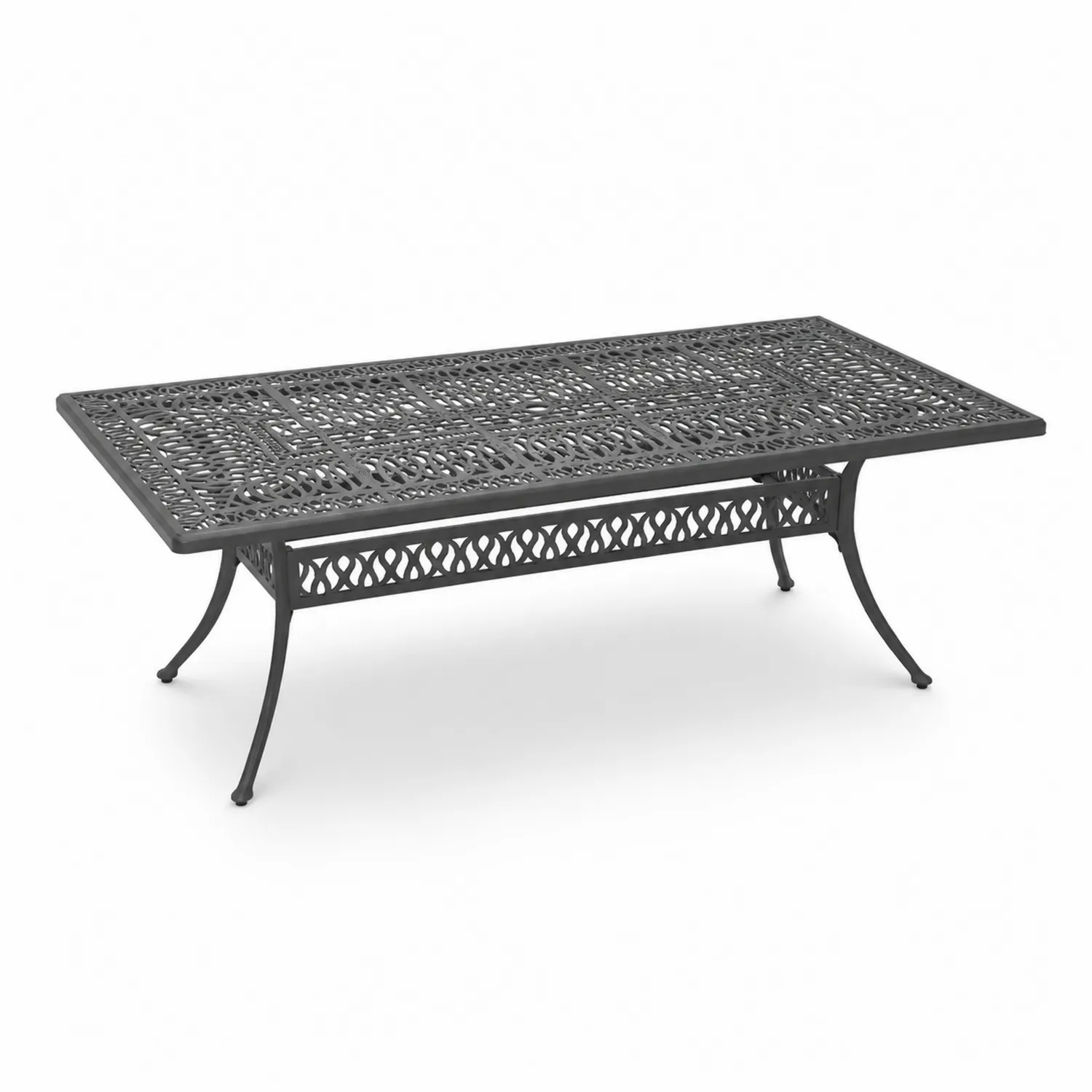 Table basse d'extérieur en aluminium noir avec motifs ajourés 180x90x45 cm