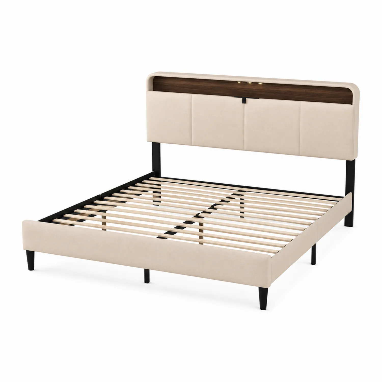 Lit king size en tissu beige avec tête de lit et cadre en acier
