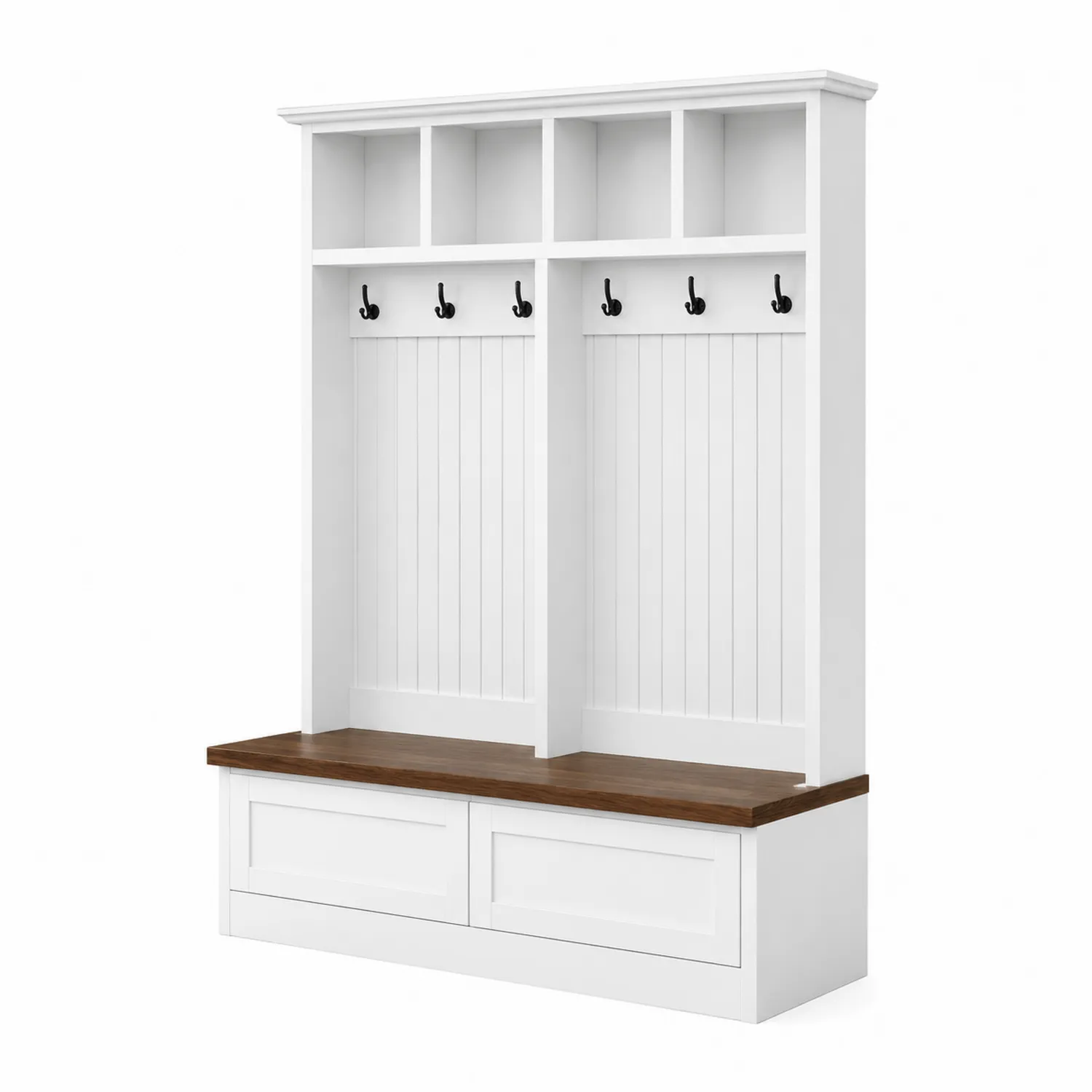 Meuble d'entrée en bois avec banc et crochets métalliques Blanc et Brun 196x40x200cm
