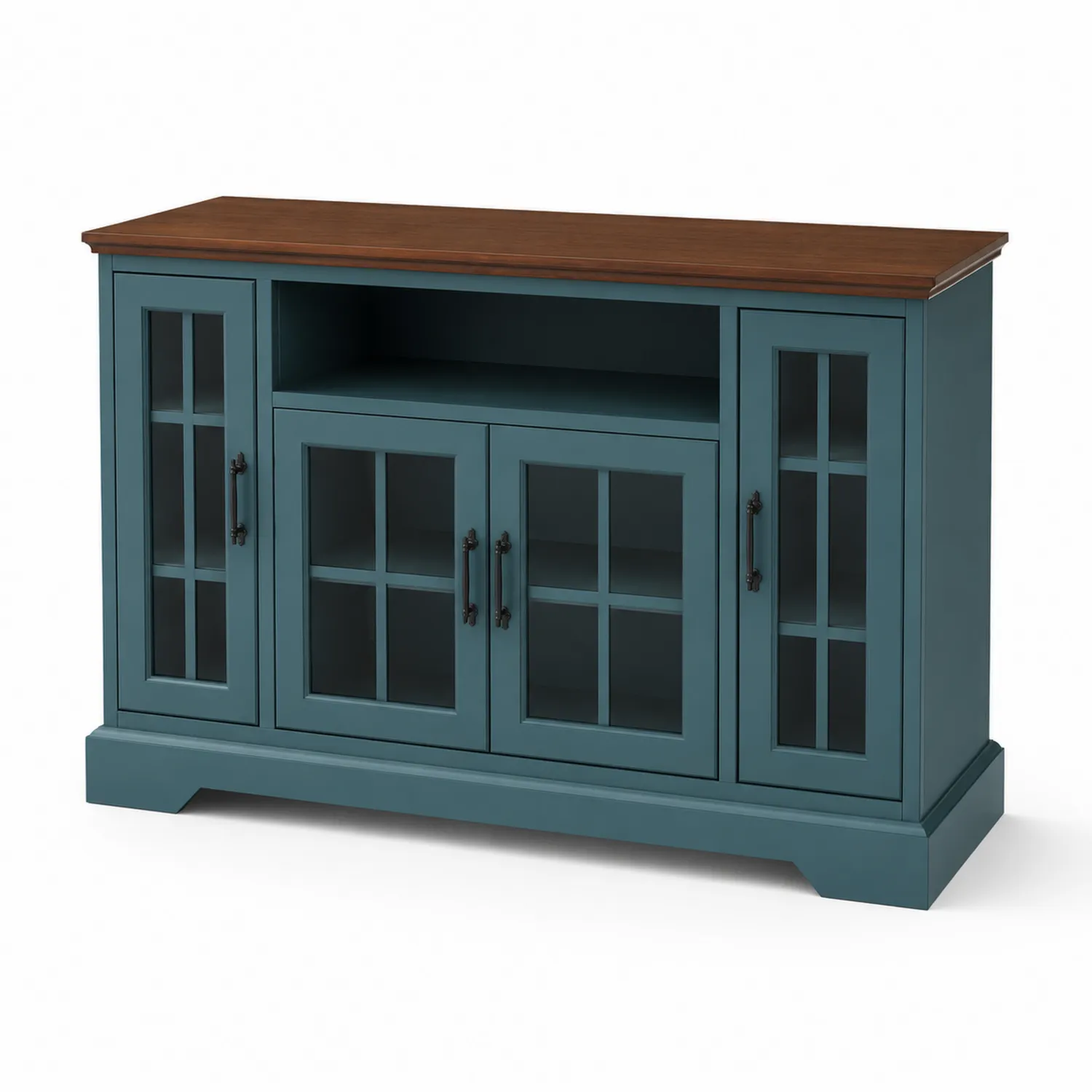 Buffet en bois avec portes en verre trempé bleu et naturel 120cm