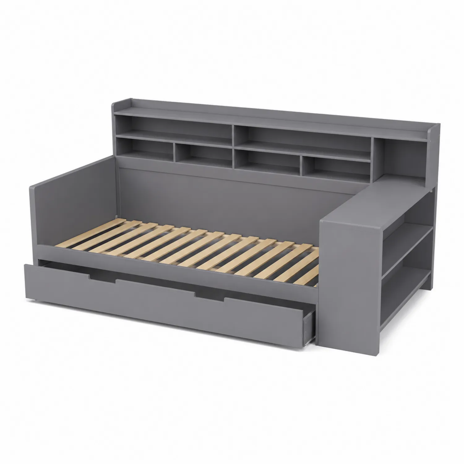 Lit en bois massif gris avec rangements intégrés 200x90 cm