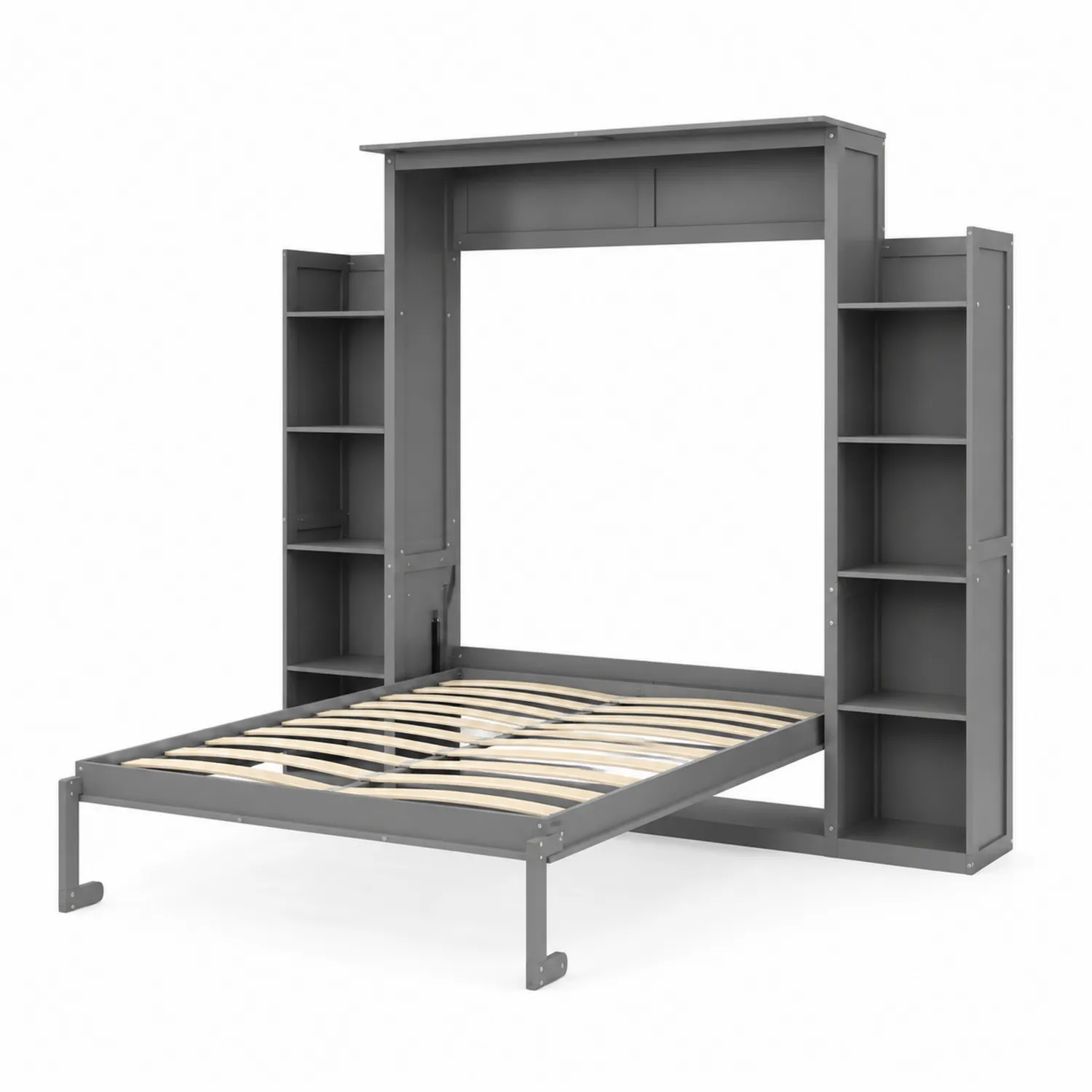 Lit escamotable en métal gris avec étagères