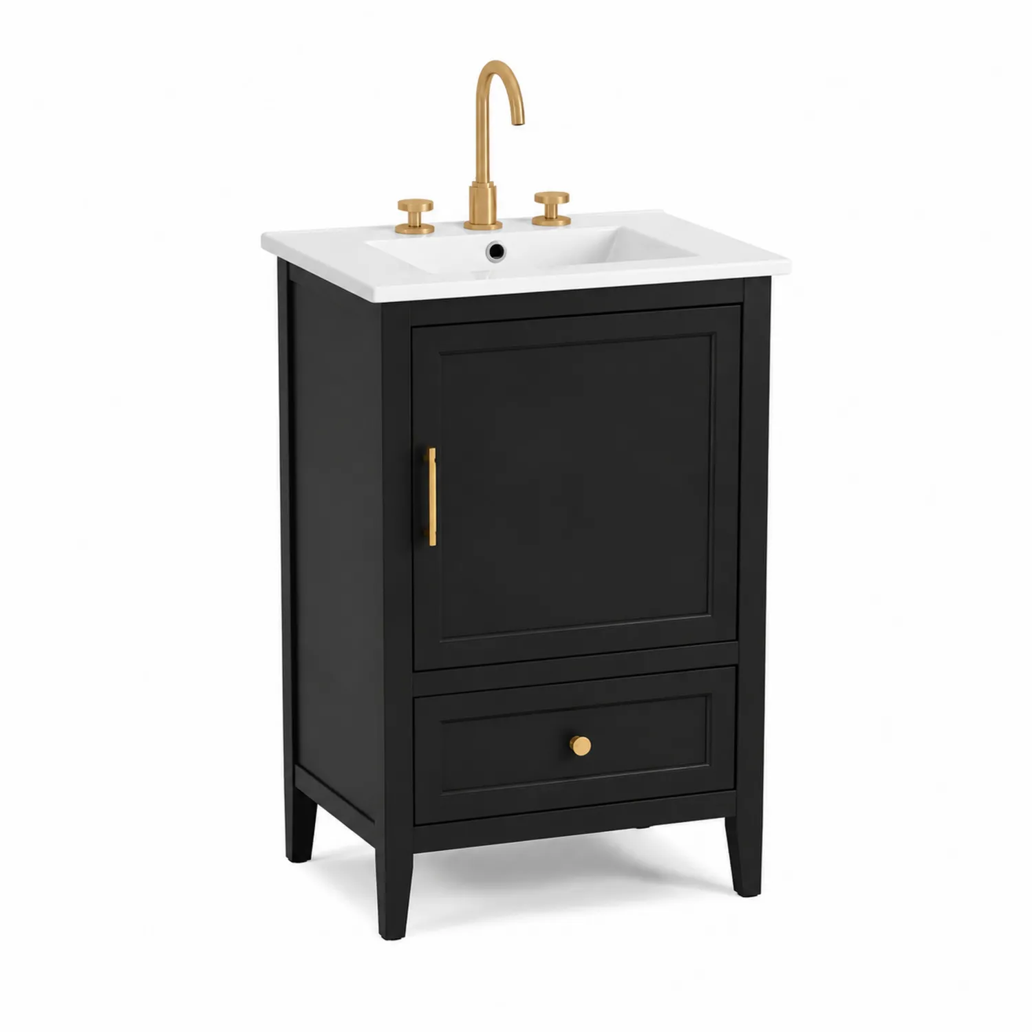 Meuble lavabo noir en bois avec céramique blanche et laiton doré