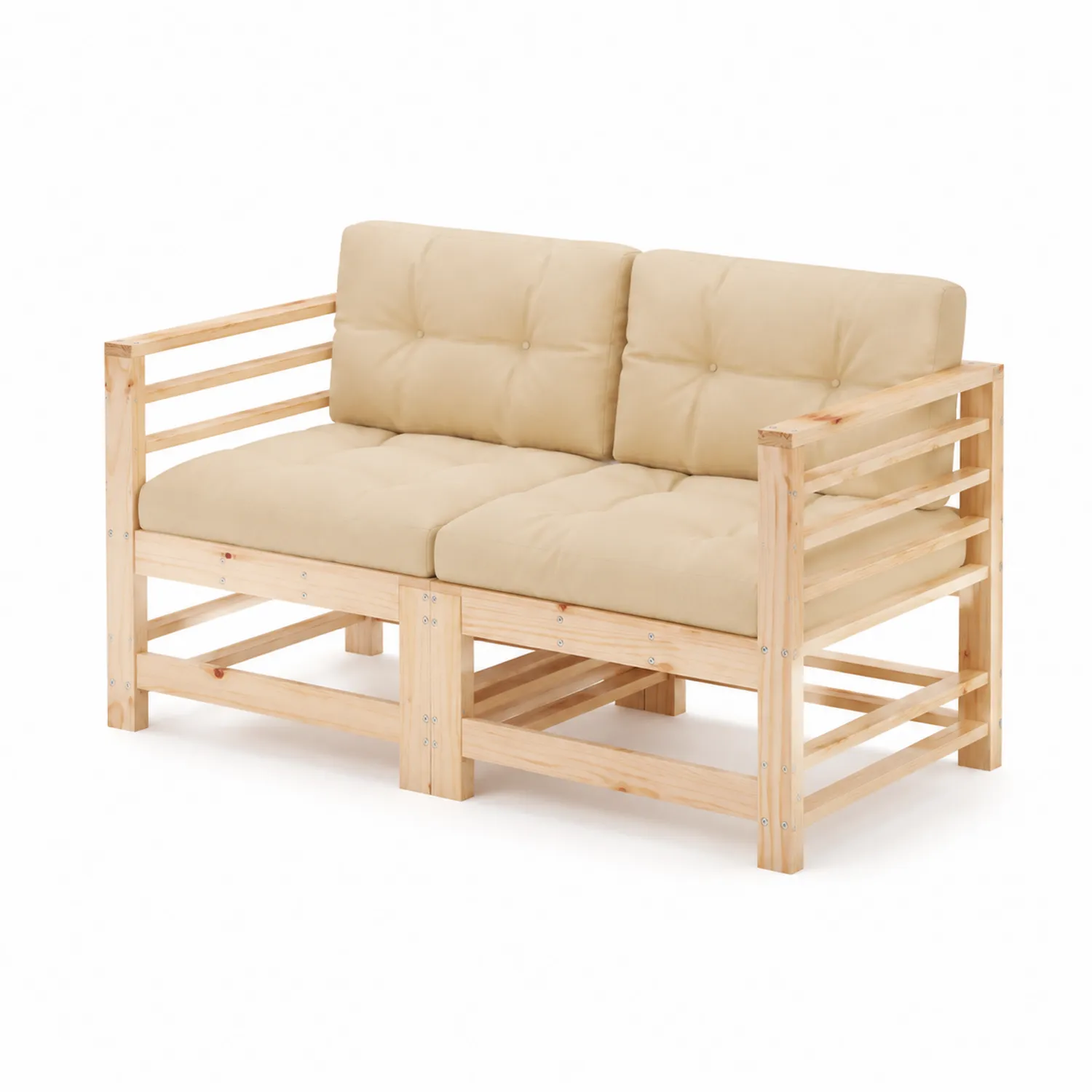 Canapé 2 places en bois avec coussins en tissu Beige