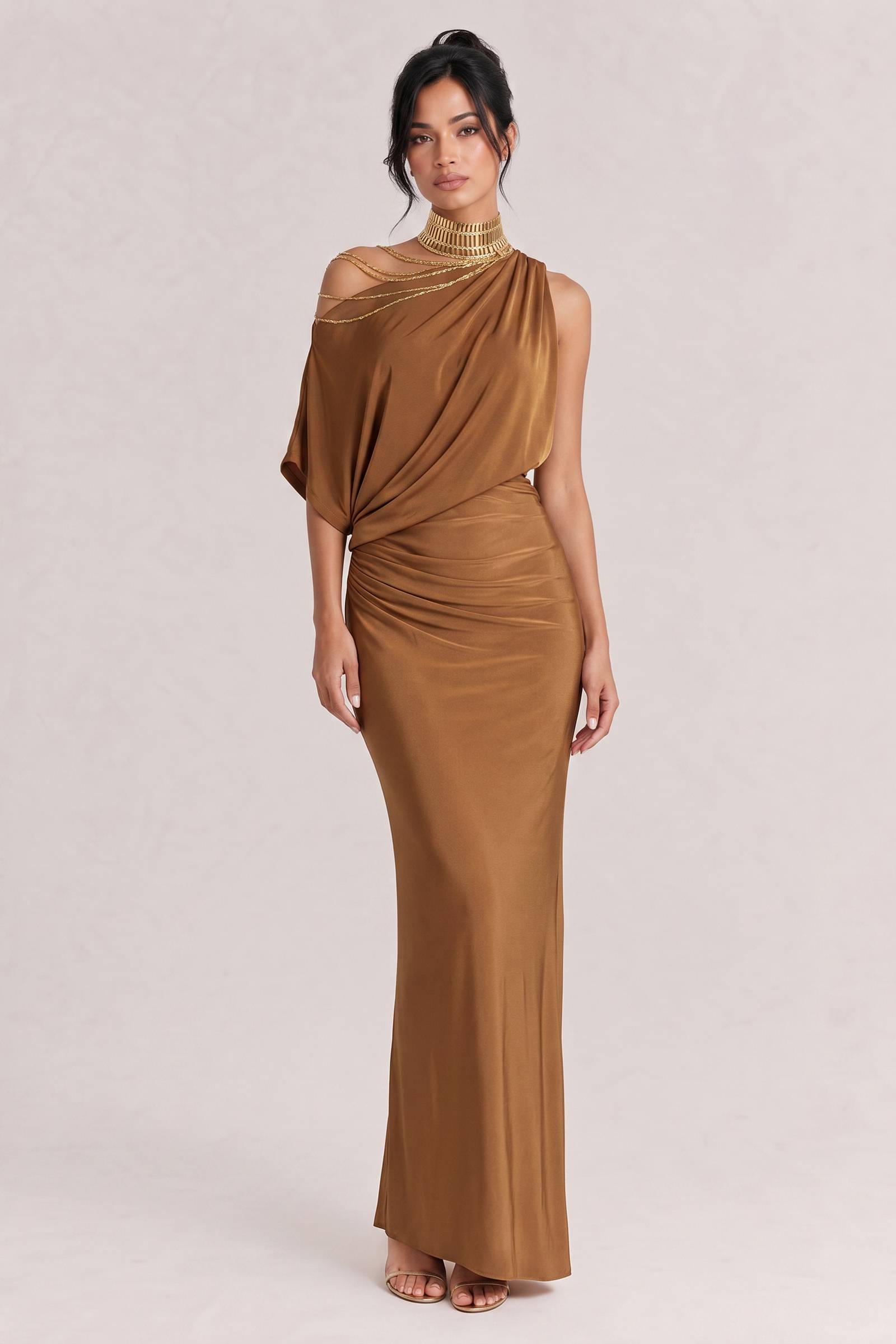 Oblique Collar Off-Shoulder Pleated Maxi Dress