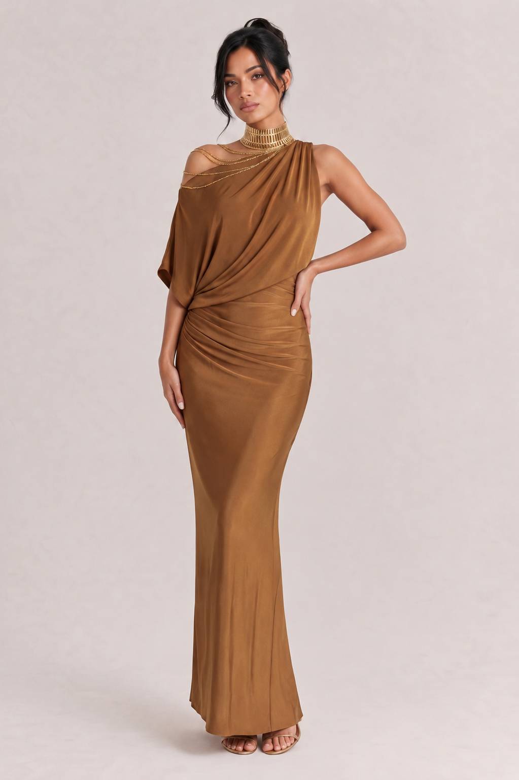 Oblique Collar Off-Shoulder Pleated Maxi Dress