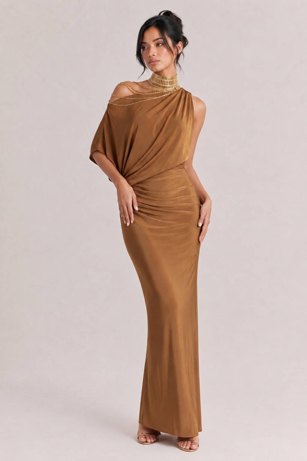 Oblique Collar Off-Shoulder Pleated Maxi Dress