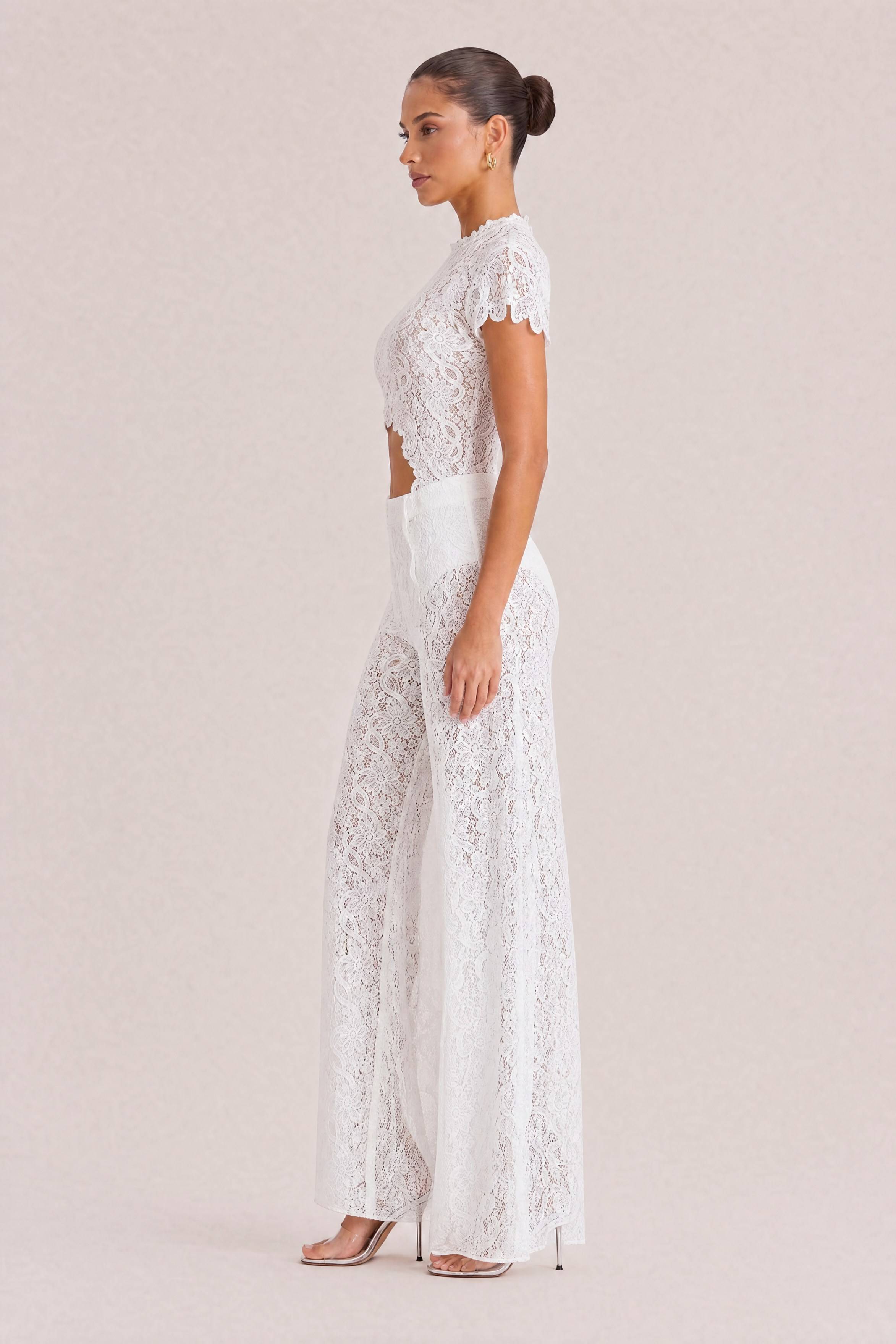 Lace Long-sleeved Top And Wide-leg Pants Set