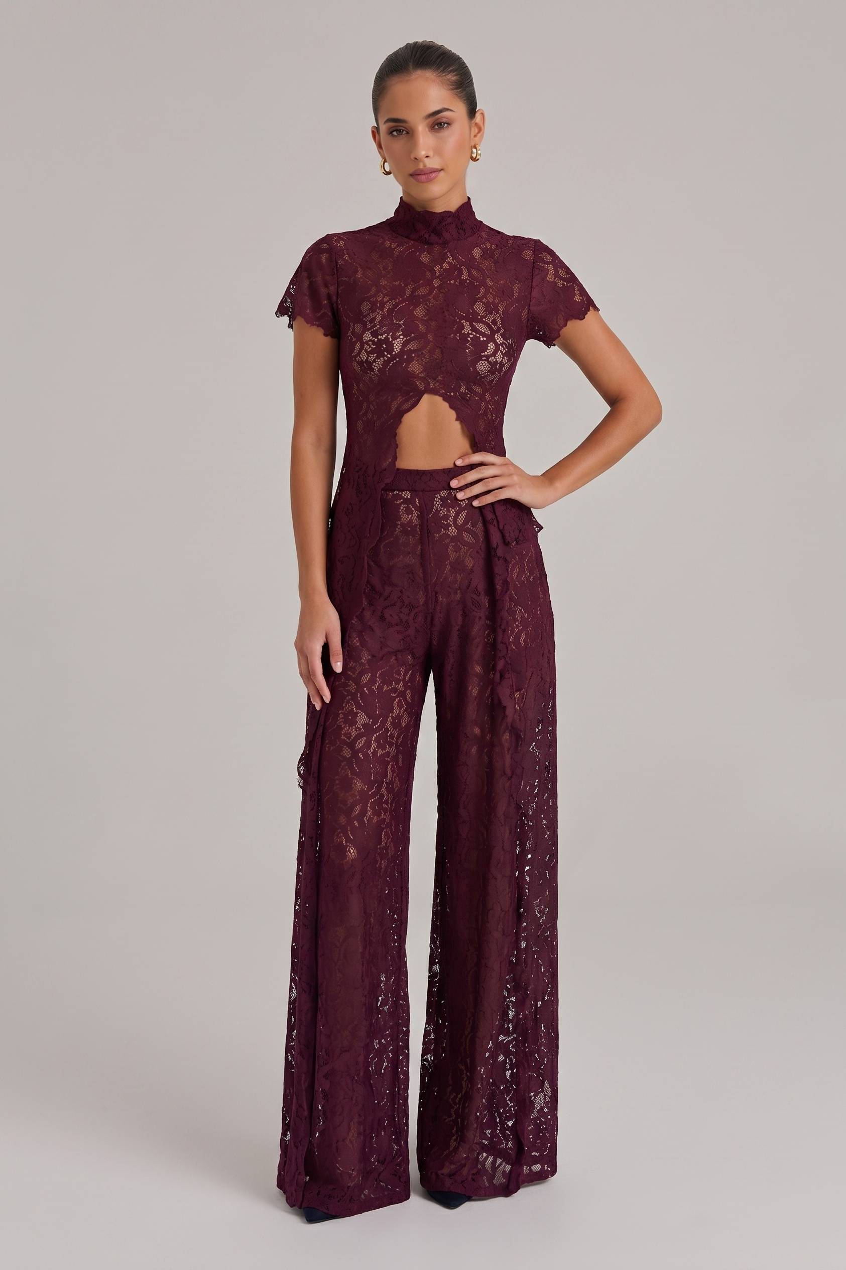 Lace Long-sleeved Top And Wide-leg Pants Set