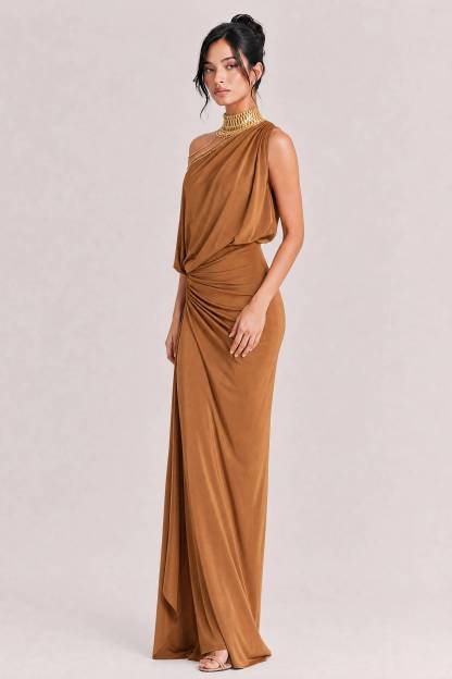Oblique Collar Off-Shoulder Pleated Maxi Dress