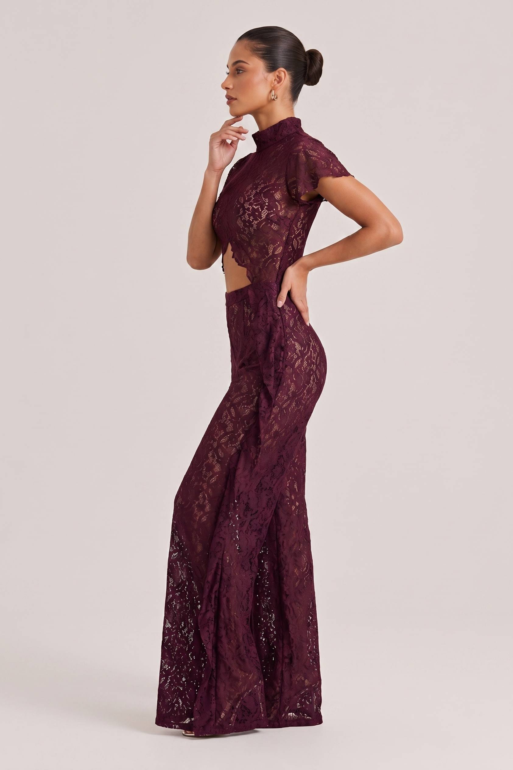 Lace Long-sleeved Top And Wide-leg Pants Set