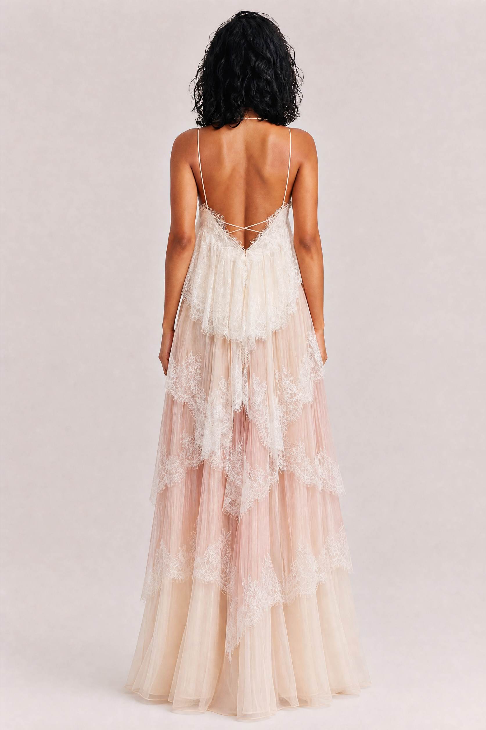 Ombre Tiered Lace Trim Spaghetti Strap Maxi Dress