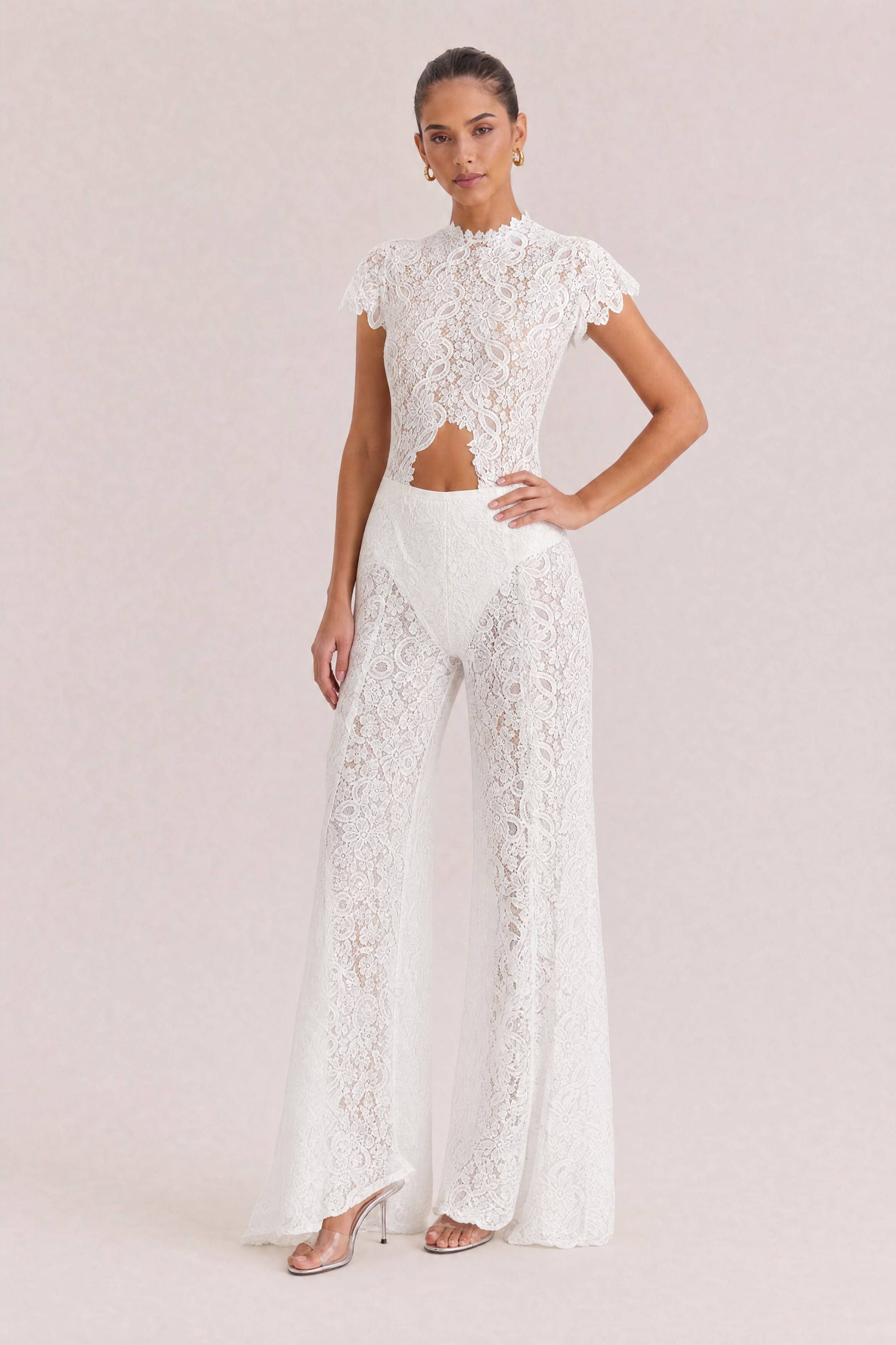 Lace Long-sleeved Top And Wide-leg Pants Set