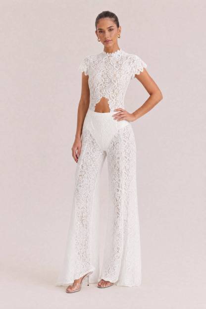 Lace Long-sleeved Top And Wide-leg Pants Set