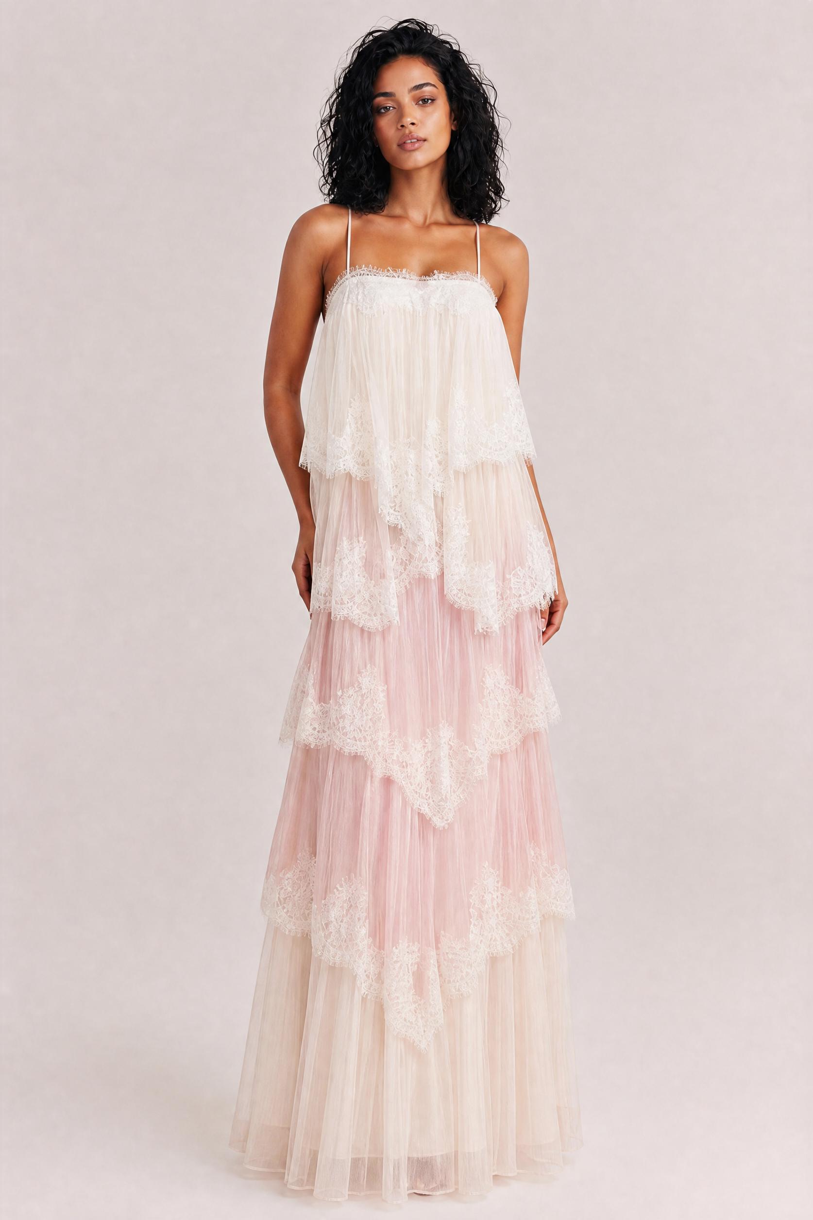 Ombre Tiered Lace Trim Spaghetti Strap Maxi Dress