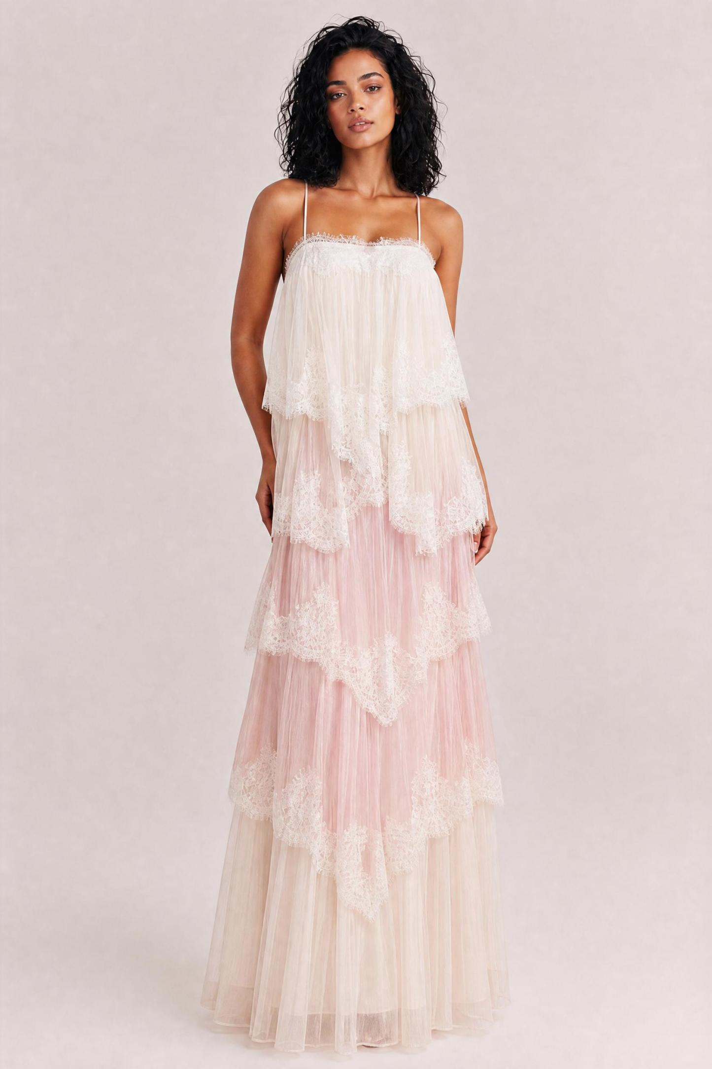 Ombre Tiered Lace Trim Spaghetti Strap Maxi Dress