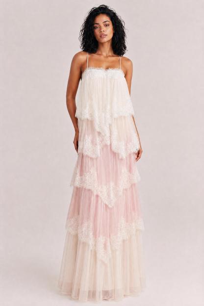 Ombre Tiered Lace Trim Spaghetti Strap Maxi Dress