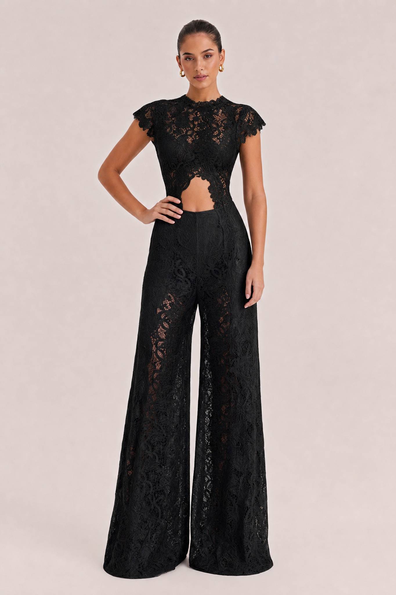Lace Long-sleeved Top And Wide-leg Pants Set