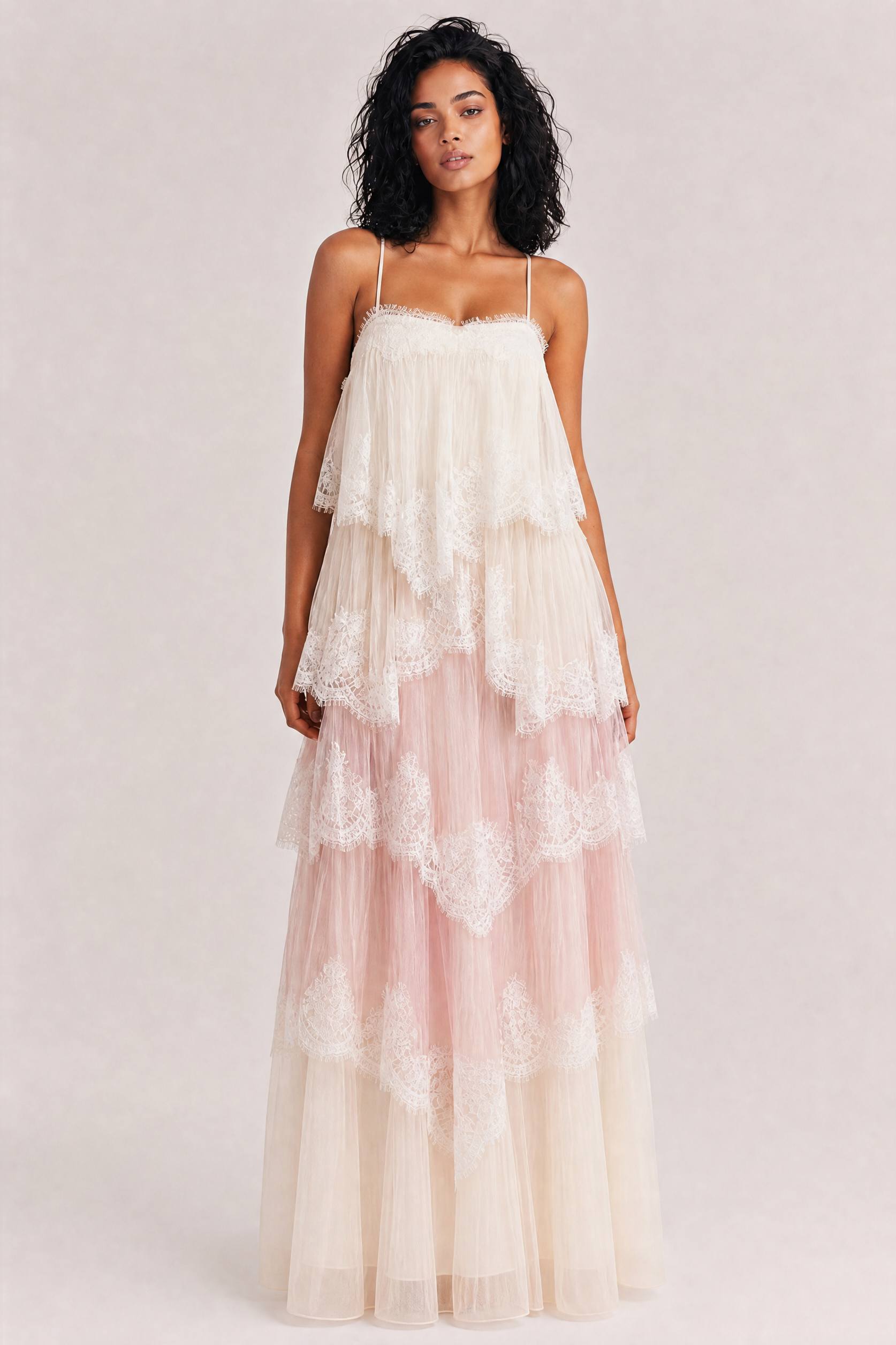 Ombre Tiered Lace Trim Spaghetti Strap Maxi Dress