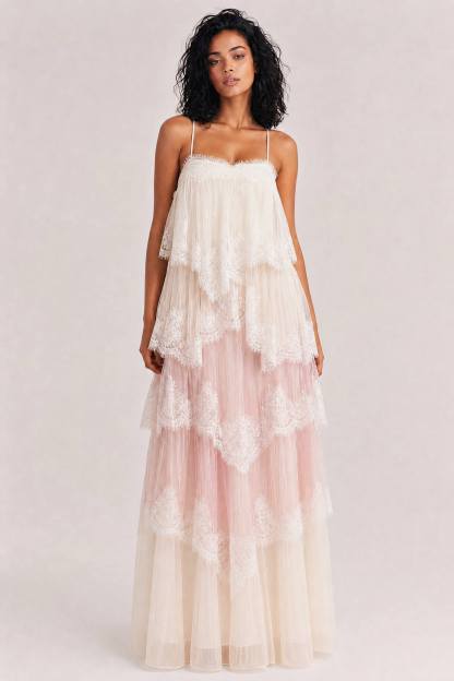Ombre Tiered Lace Trim Spaghetti Strap Maxi Dress