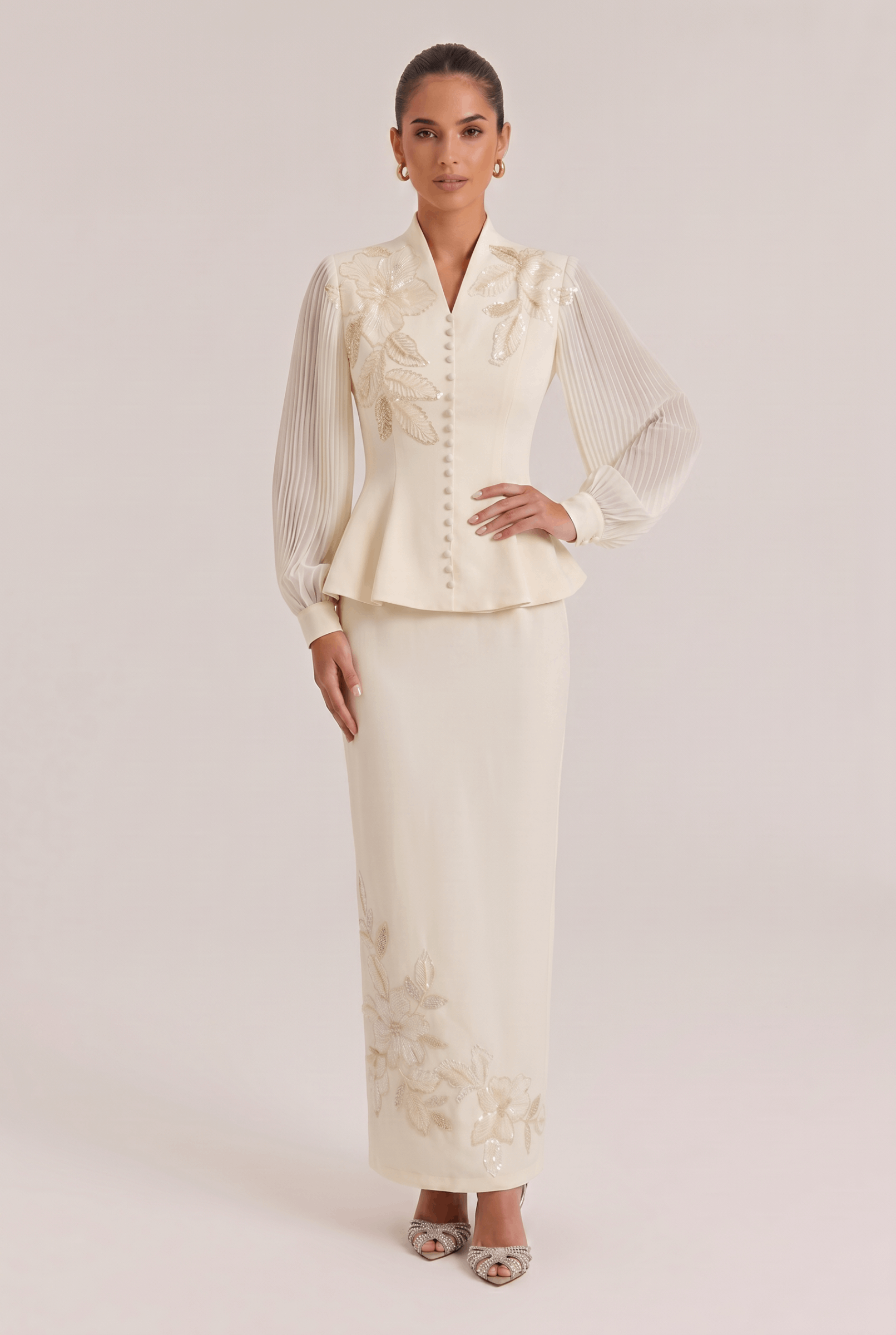 Embroidered Beaded Flower Trim French Elegant Slim Two-Piece Dress Set
