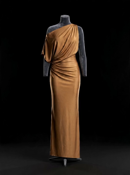 Oblique Collar Off-Shoulder Pleated Maxi Dress