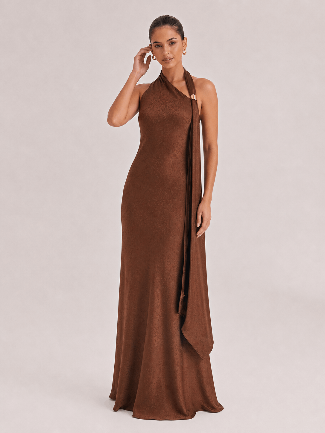 Elegant Bronze One-Shoulder Satin Maxi Dress