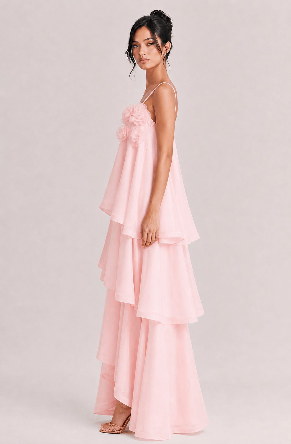 Elegant 3D Floral Applique Tiered Gown Maxi Dress