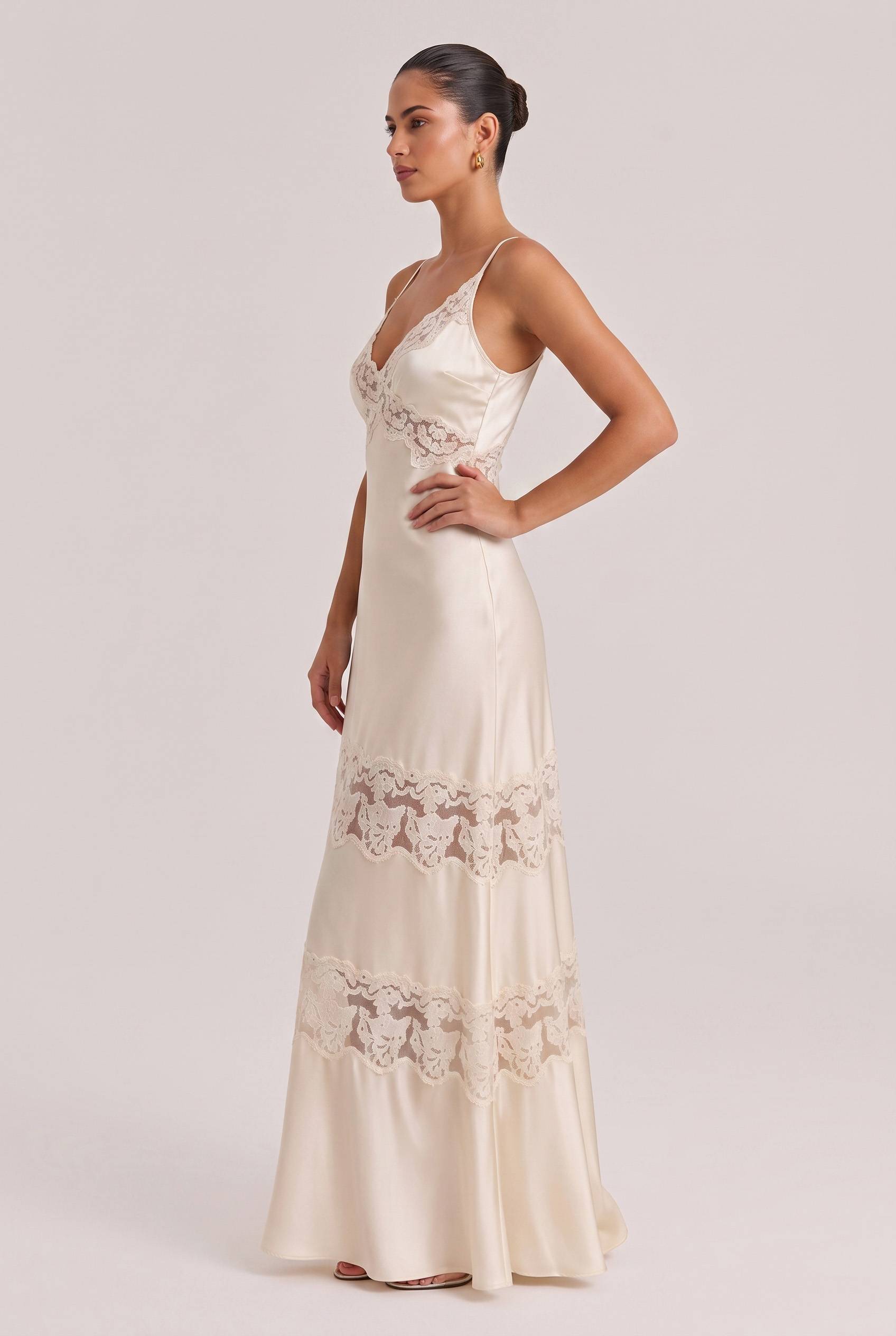 French Retro Satin Lace Stitching Maxi Dress