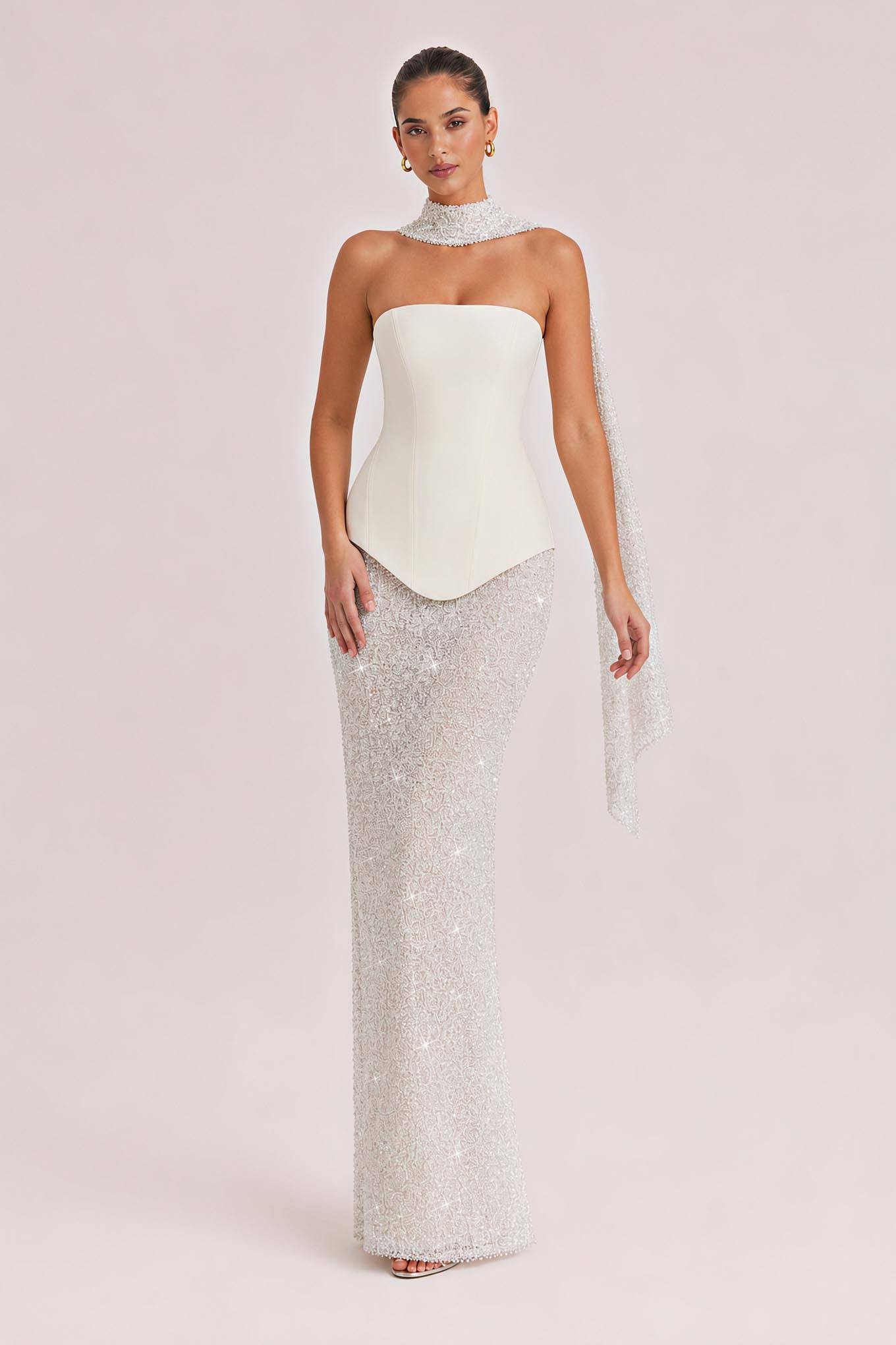Elegant Strapless Sequin Skirt And Shawl Two-Piece Set