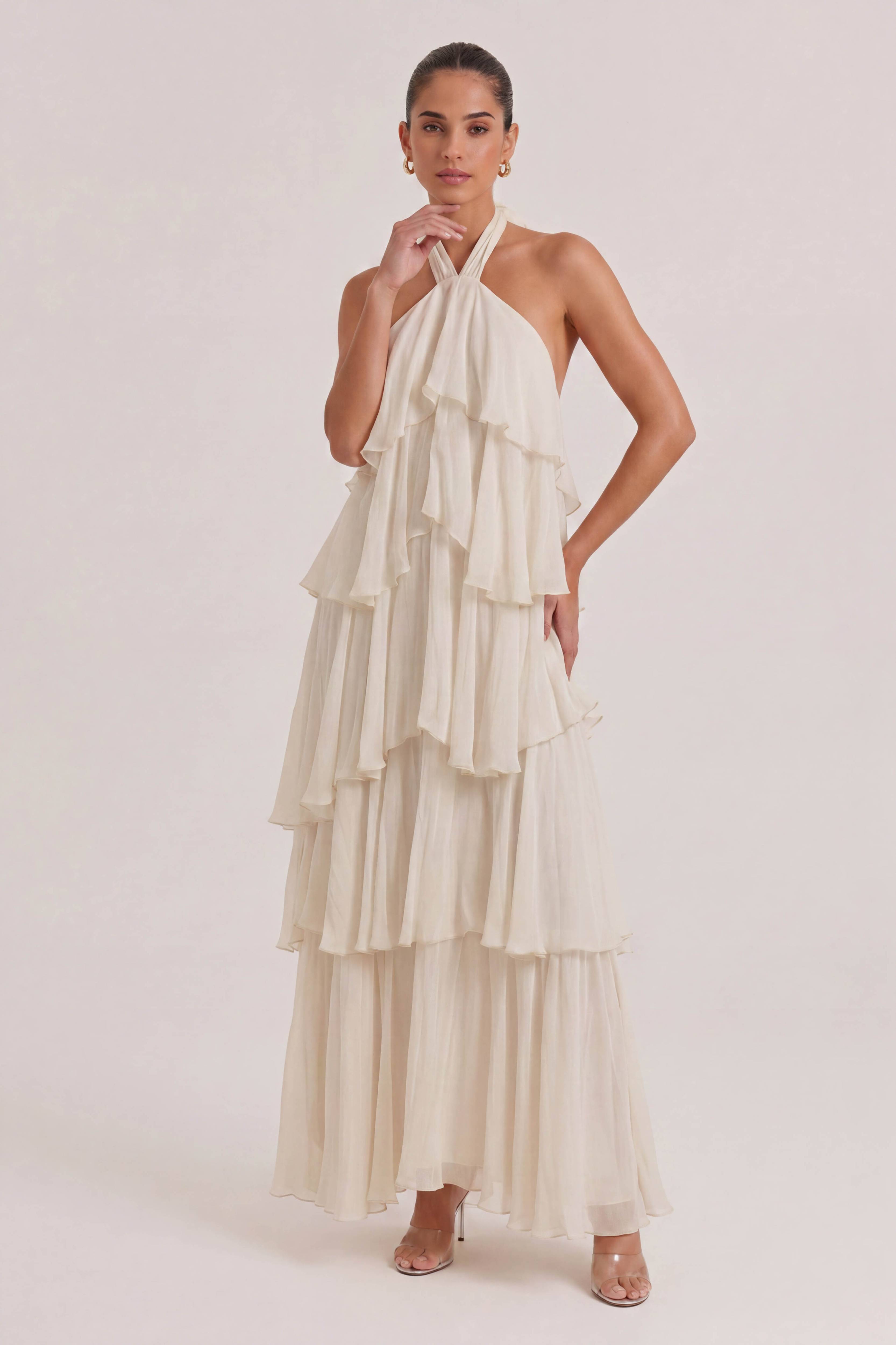 Elegant Halterneck Ruffled Tiered Maxi Dress