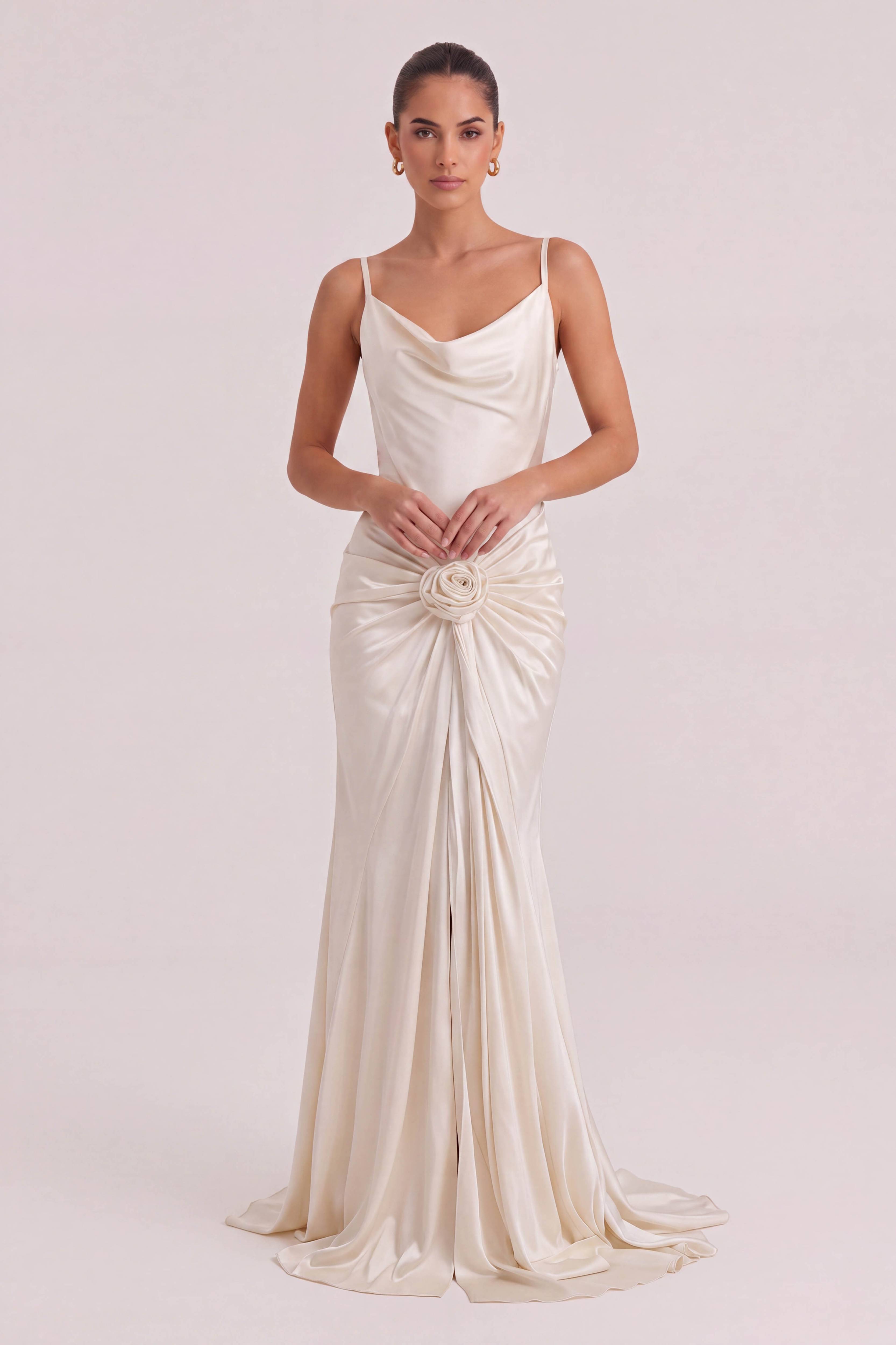 Elegant Floral Embellished Satin Draped Maxi Dress