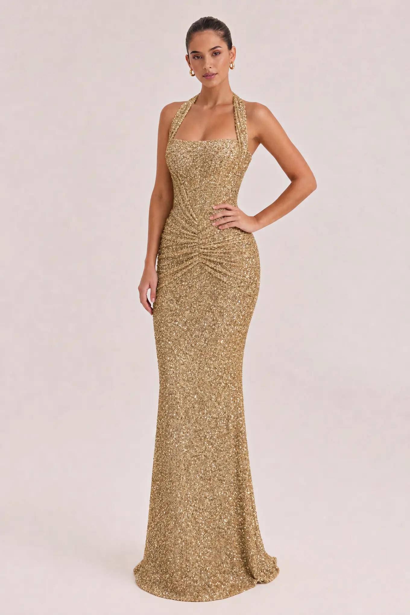 Fashion Sequin Halter Neck Party Maxi Dress