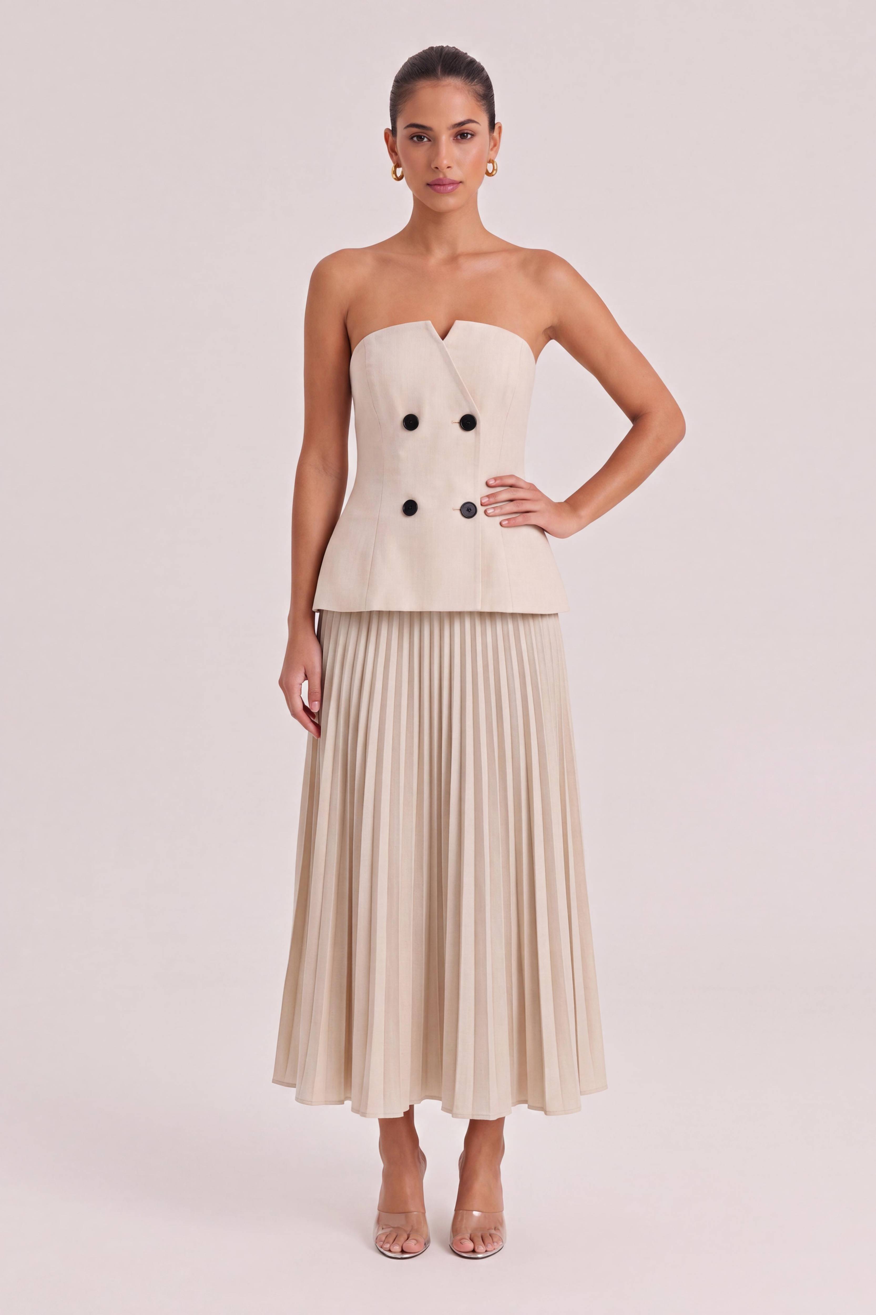 French Strapless Suit Style Strapless High Waist Draped Midi Skirt Elegant Set