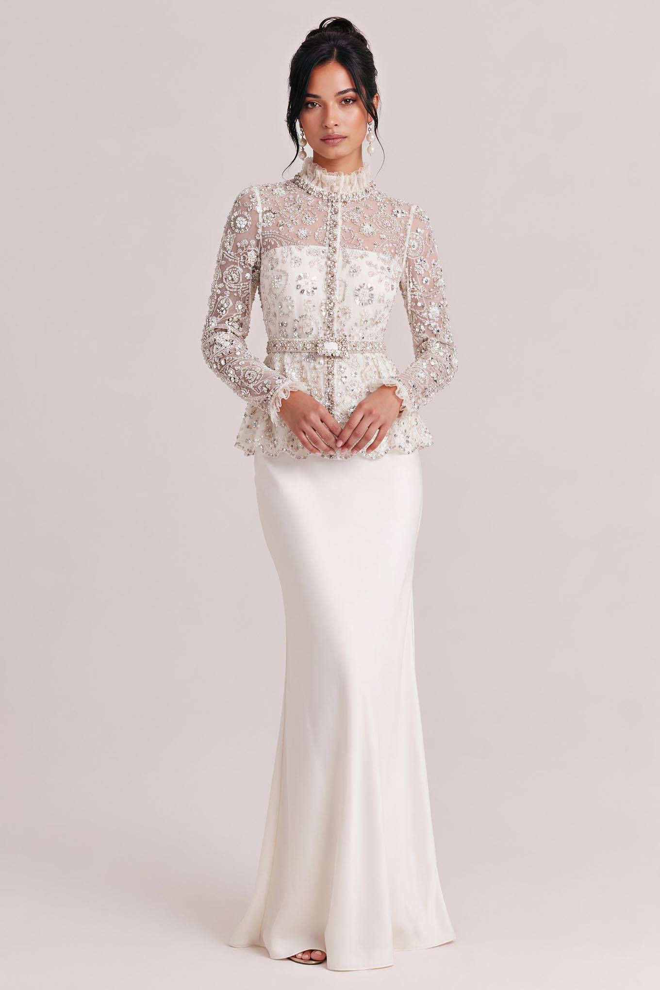 Heavy-duty Beaded Mesh Blouse Two-piece Satin Slim-fit Fishtail Long Wedding Dress