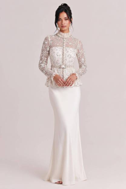 Heavy-duty Beaded Mesh Blouse Two-piece Satin Slim-fit Fishtail Long Wedding Dress