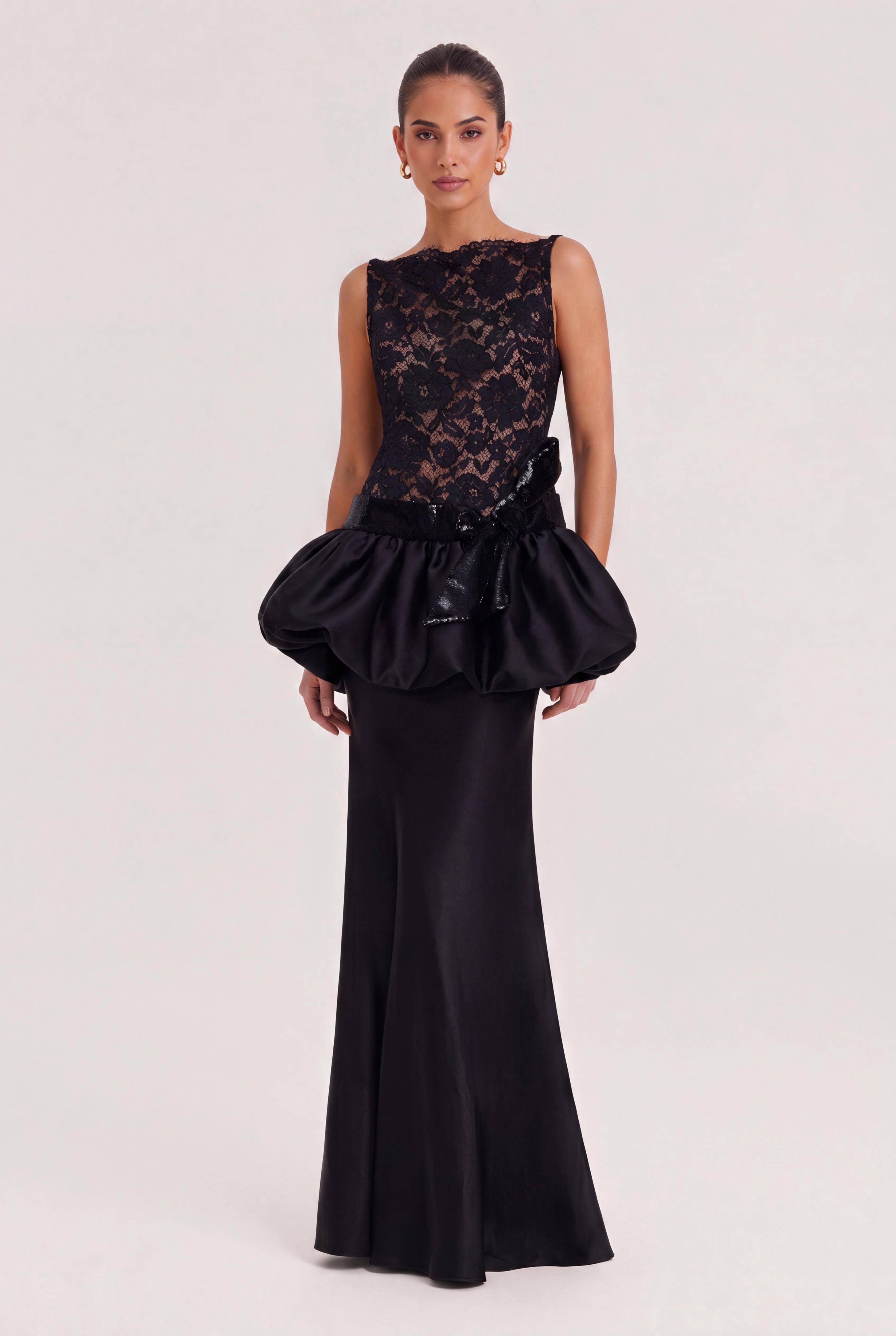Black Sleeveless Lace Bubble Waist Fishtail Evening Dress Sequin Large Bow Satin Long Banquet Dress