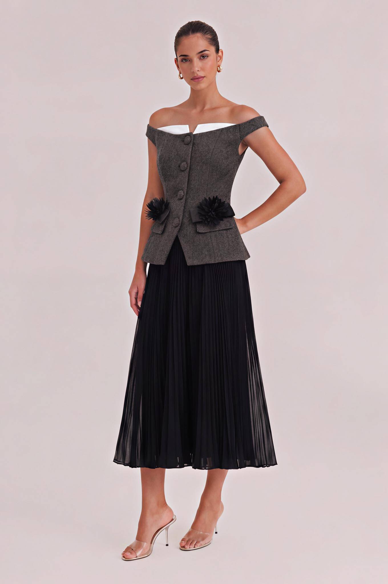 French Slim-Fit Flora Chiffon Pleated Midi Dress