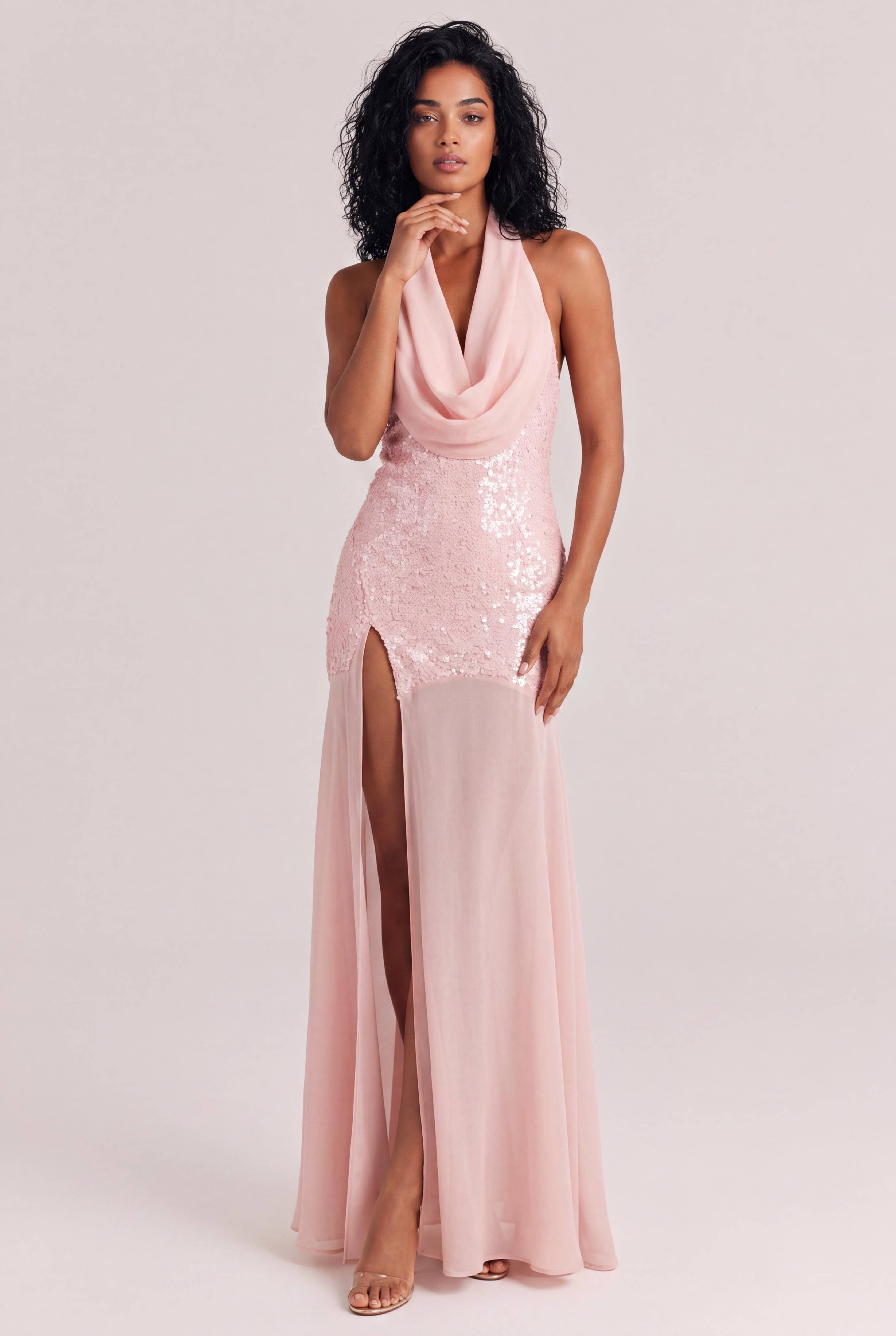 Pink Satin Swing Neck Hanging Sequin Stitching High Split Slim Long Dress