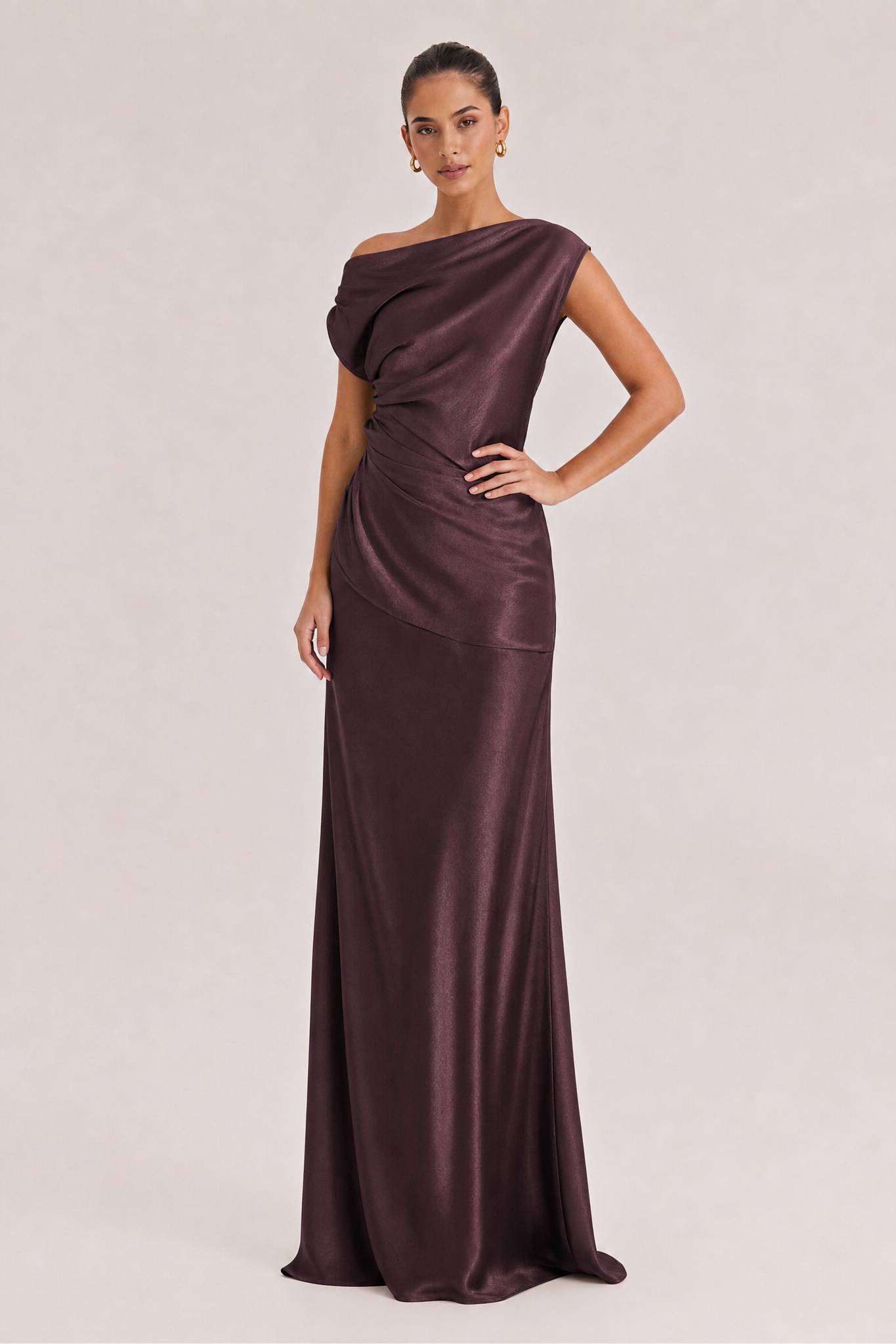 Elegant Asymmetrical Drape Satin Top & Maxi Skirt Two-Piece Set