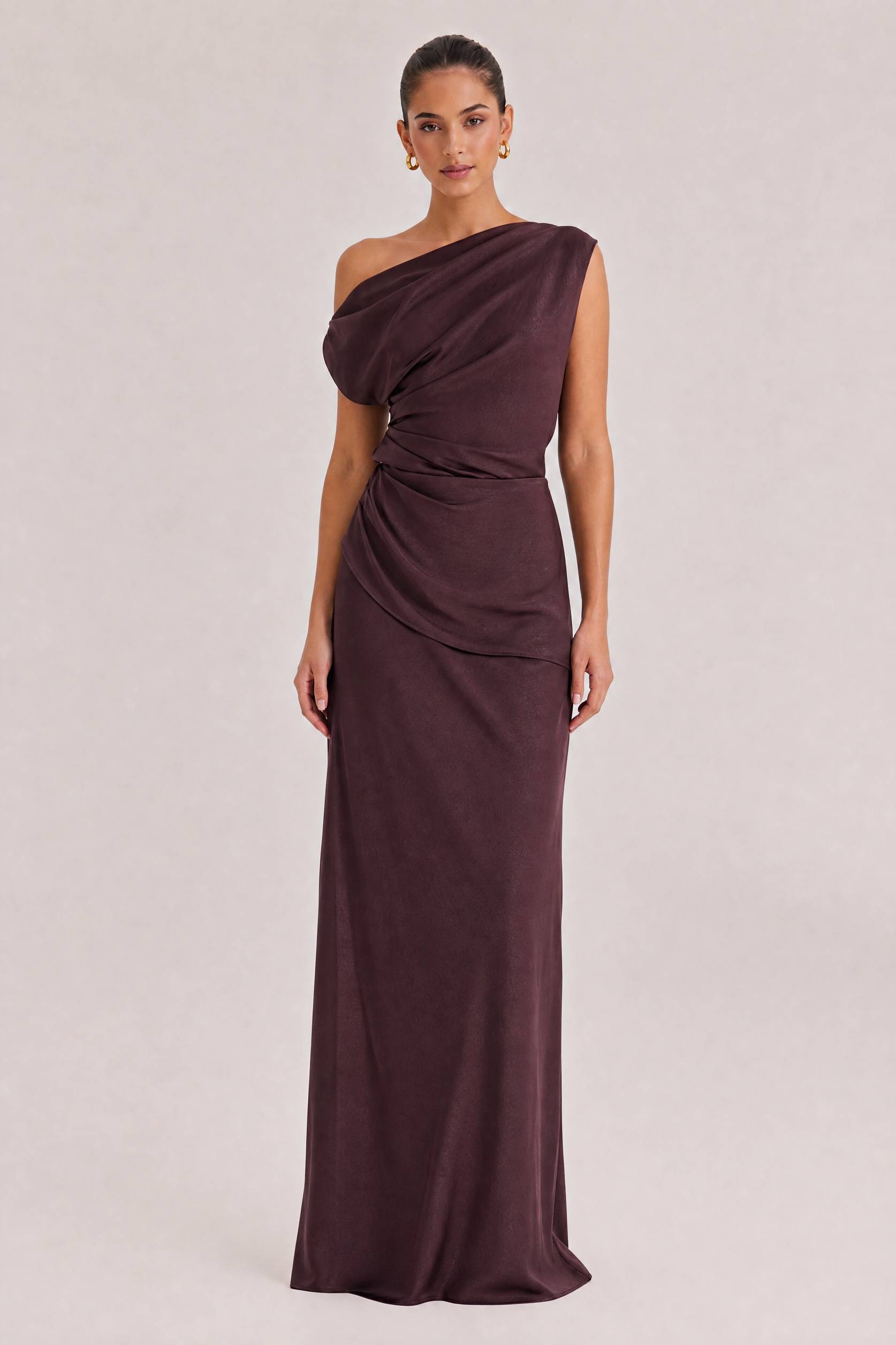 Elegant Asymmetrical Drape Satin Top & Maxi Skirt Two-Piece Set
