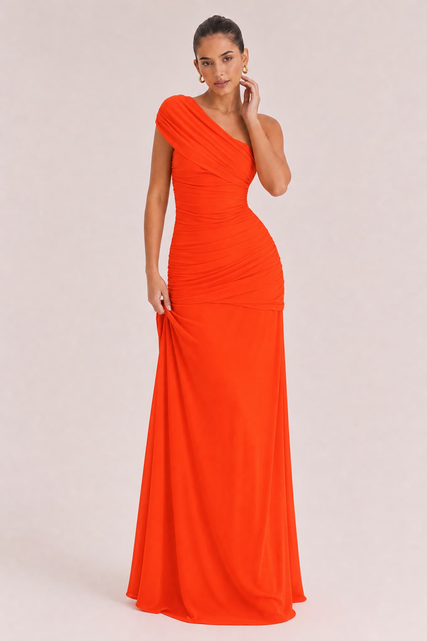 Elegance Effortless  Mesh Off Shoulder Ruched Stretch Maxi Dress