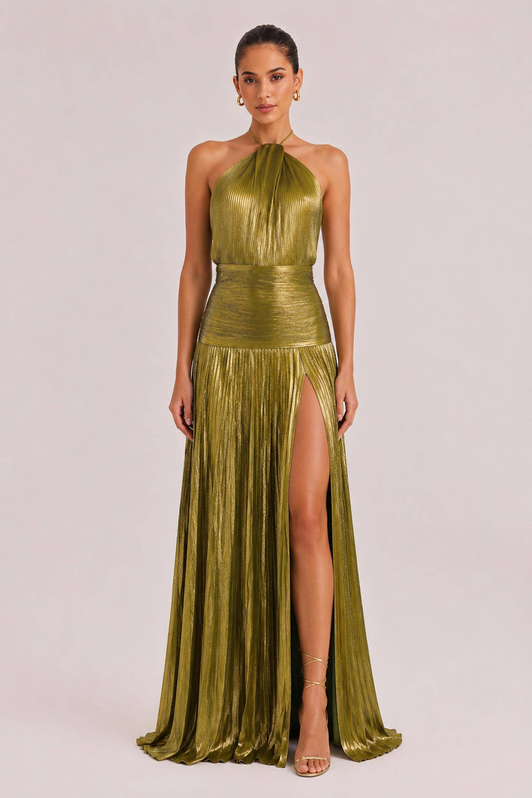Elegant Metallic Pleated Halter Neck Maxi Dress