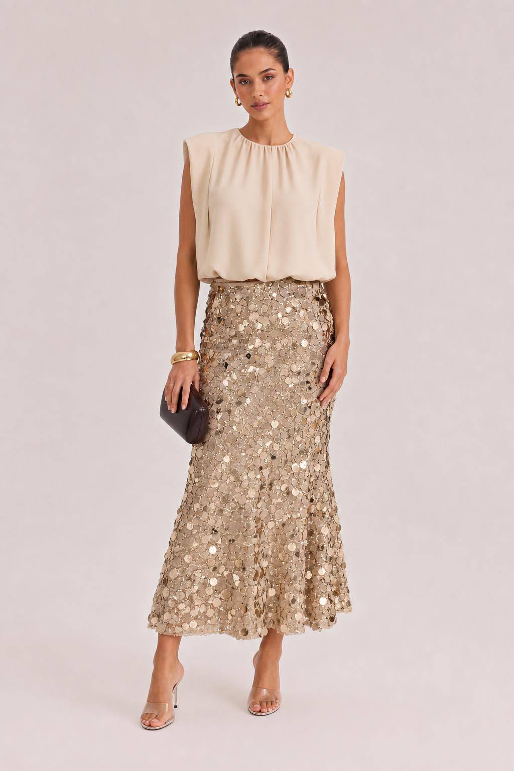 Elegant Sleeveless Blouse & Sequin Midi Skirt Two-Piece Set