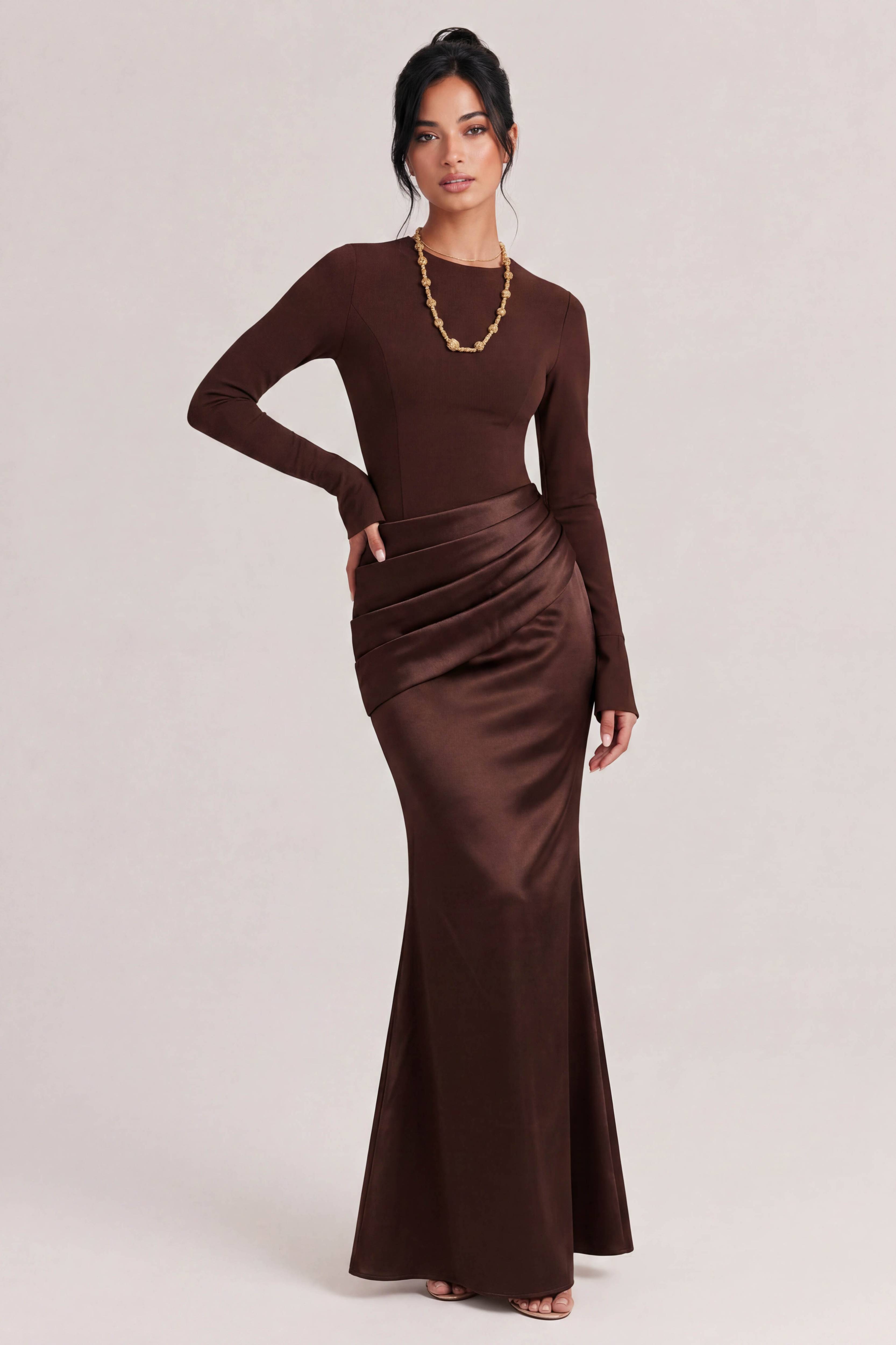 Elegant Long-Sleeved Draped Satin Maxi Dress