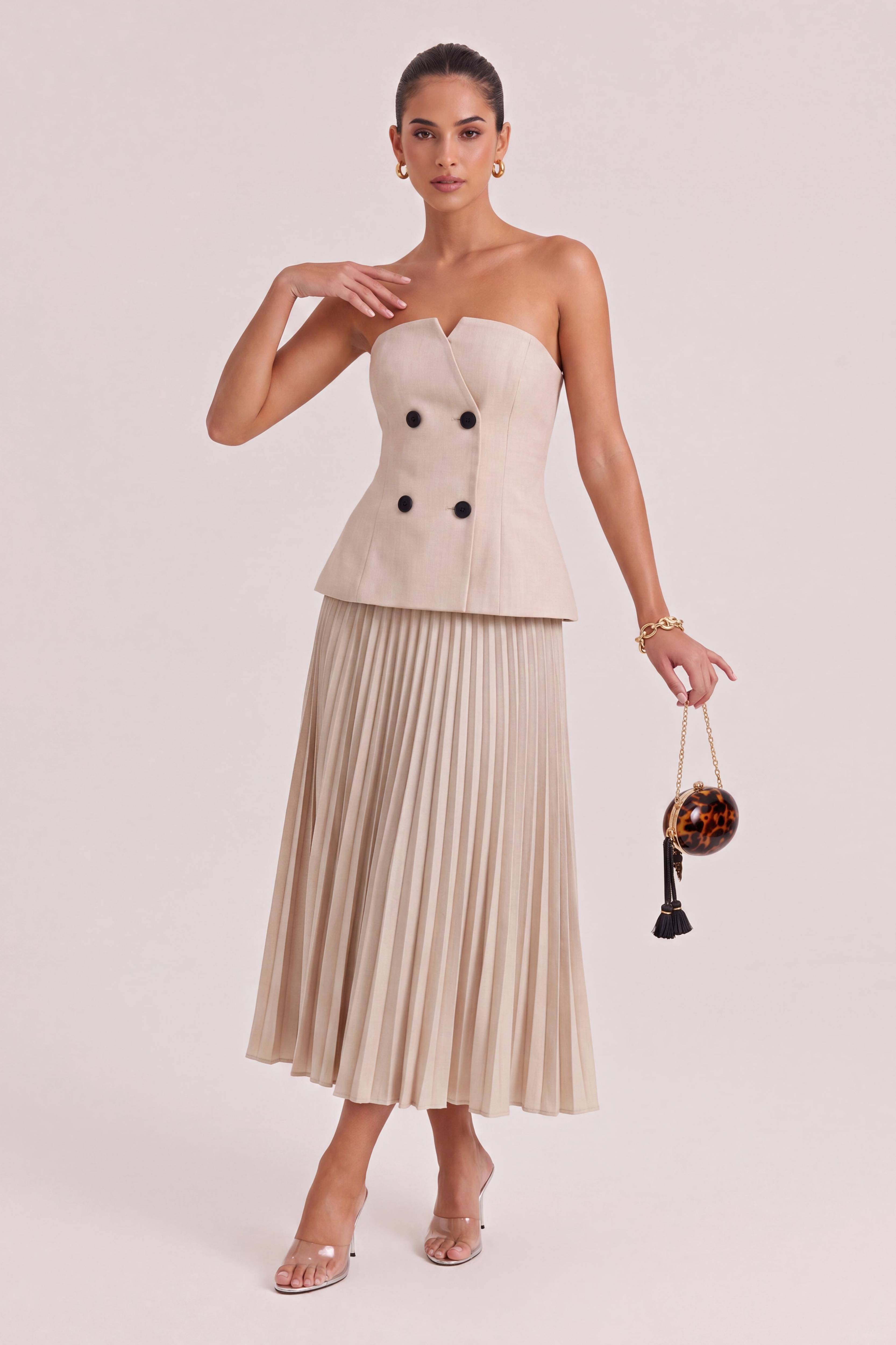 French Strapless Suit Style Strapless High Waist Draped Midi Skirt Elegant Set