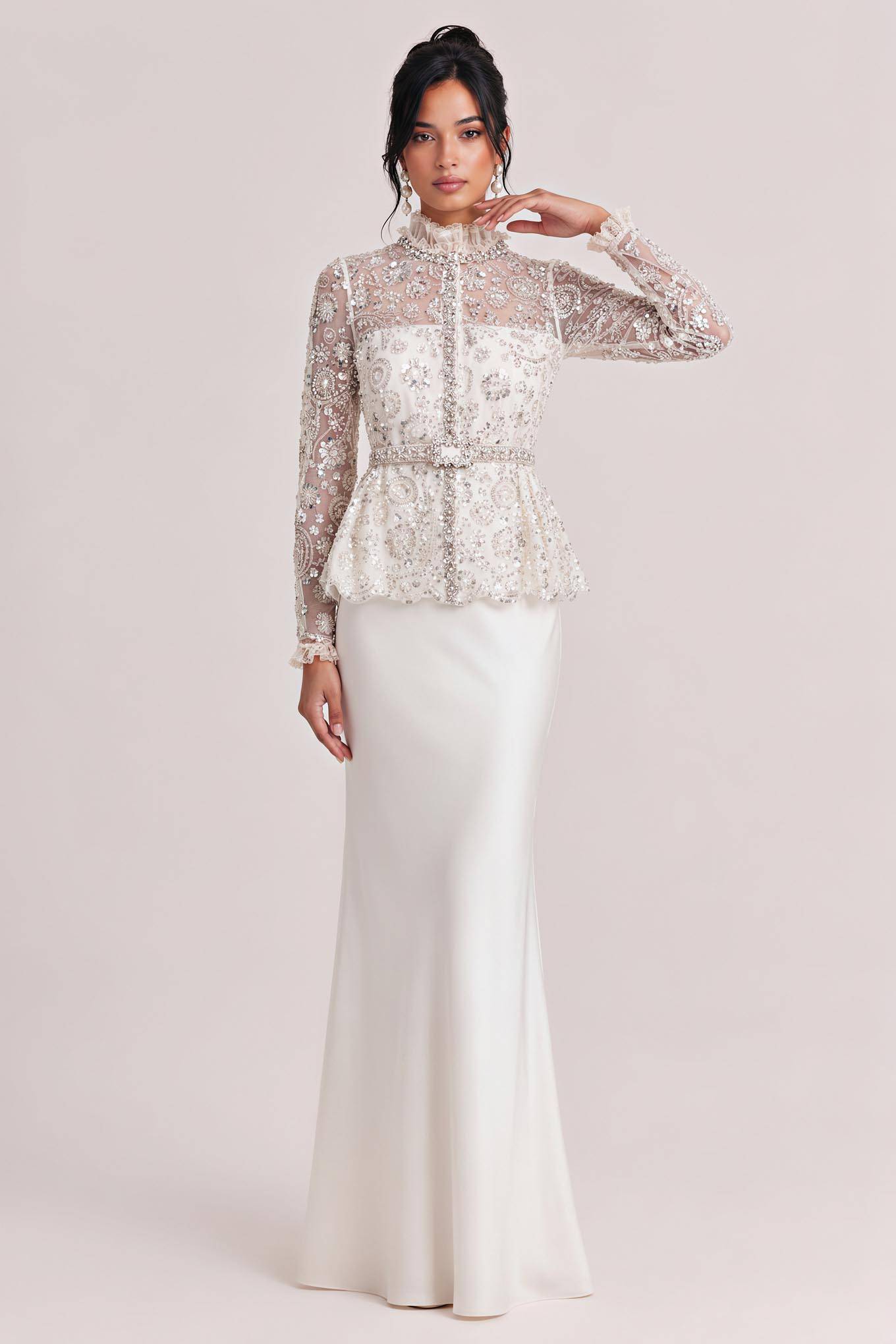 Heavy-duty Beaded Mesh Blouse Two-piece Satin Slim-fit Fishtail Long Wedding Dress
